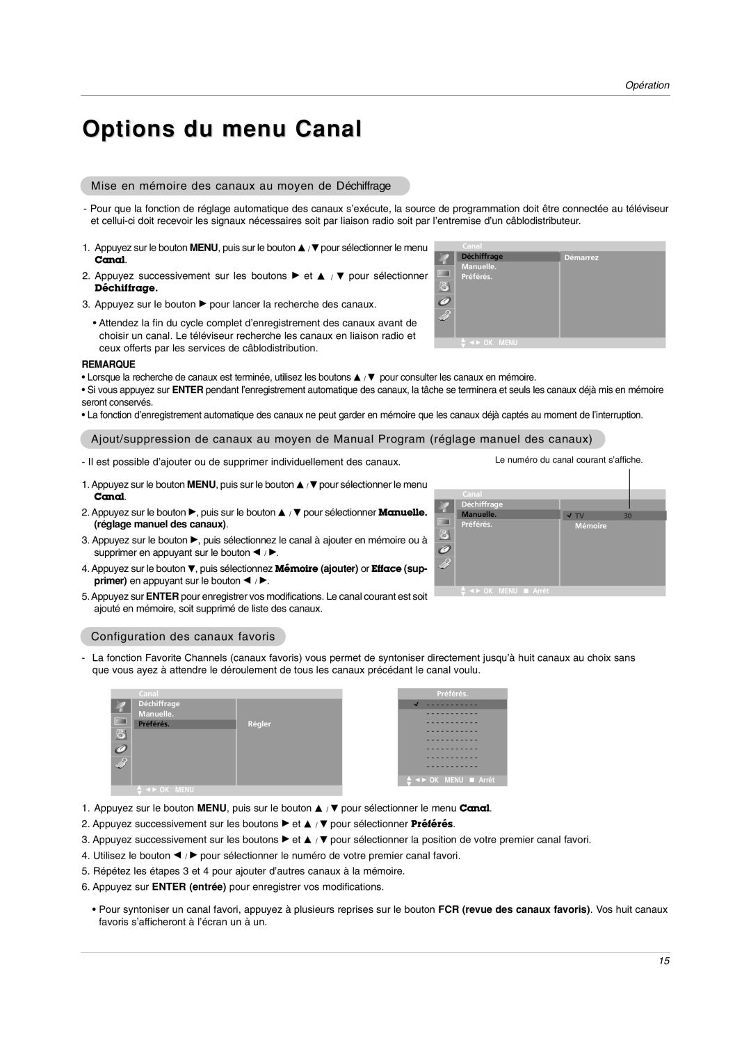 LG Electronics RU-20LA80C owner manual Options du menu Canal, Mise en mémoire des canaux au moyen de Déchiffrage 