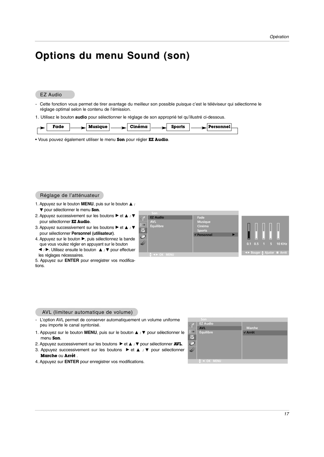 LG Electronics RU-20LA80C Options du menu Sound son, Réglage de l’atténuateur, AVL limiteur automatique de volume 