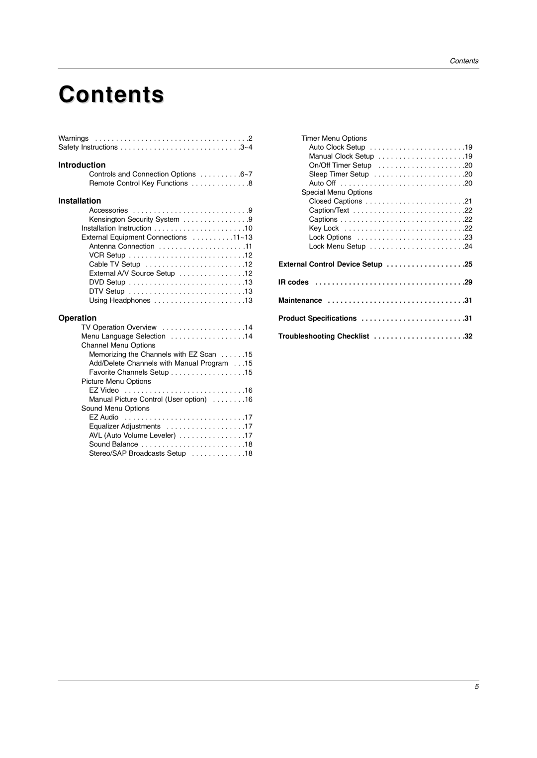 LG Electronics RU-20LA80C owner manual Contents 