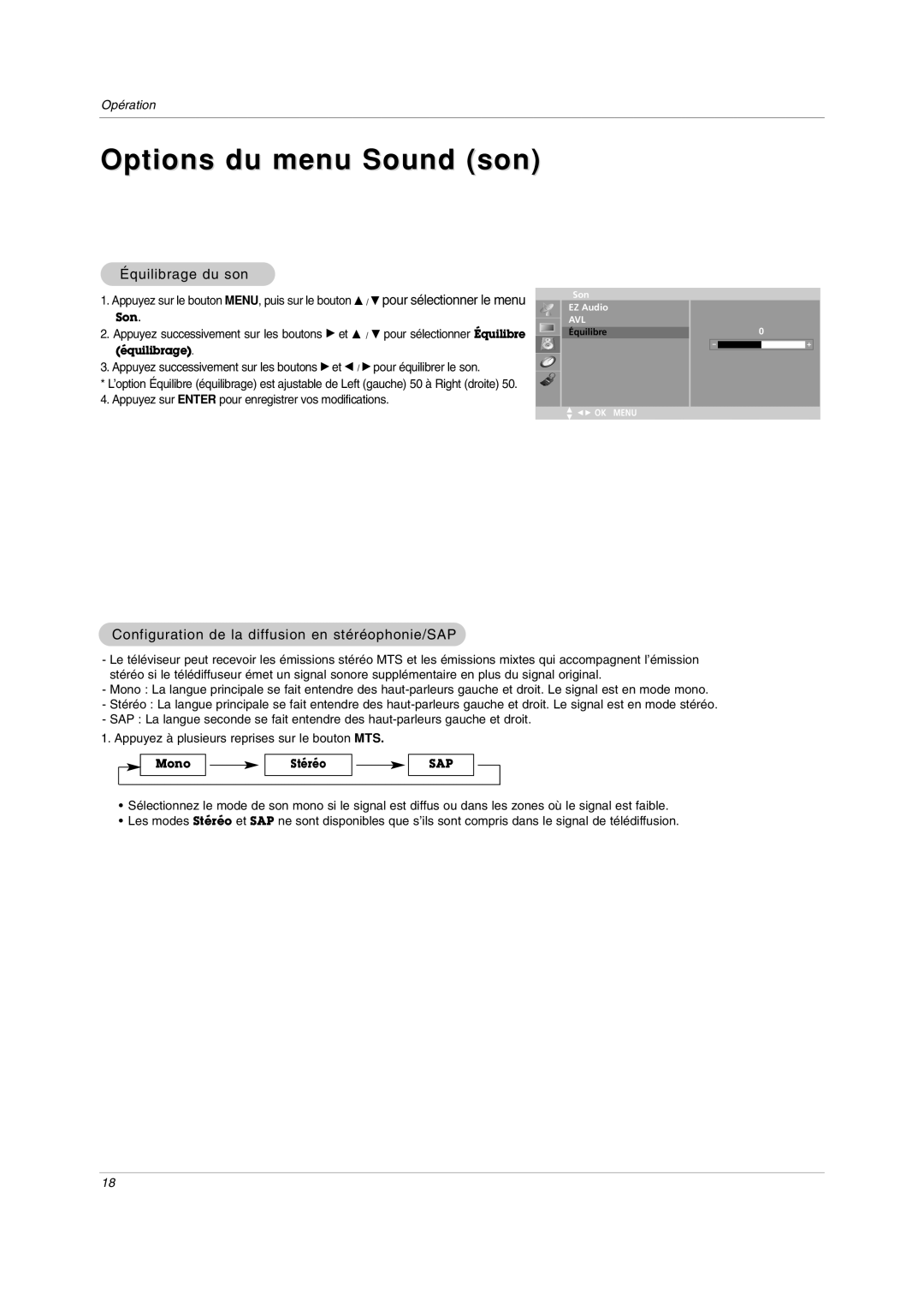 LG Electronics RU-20LA80C owner manual Équilibrage du son, Configuration de la diffusion en stéréophonie/SAP 