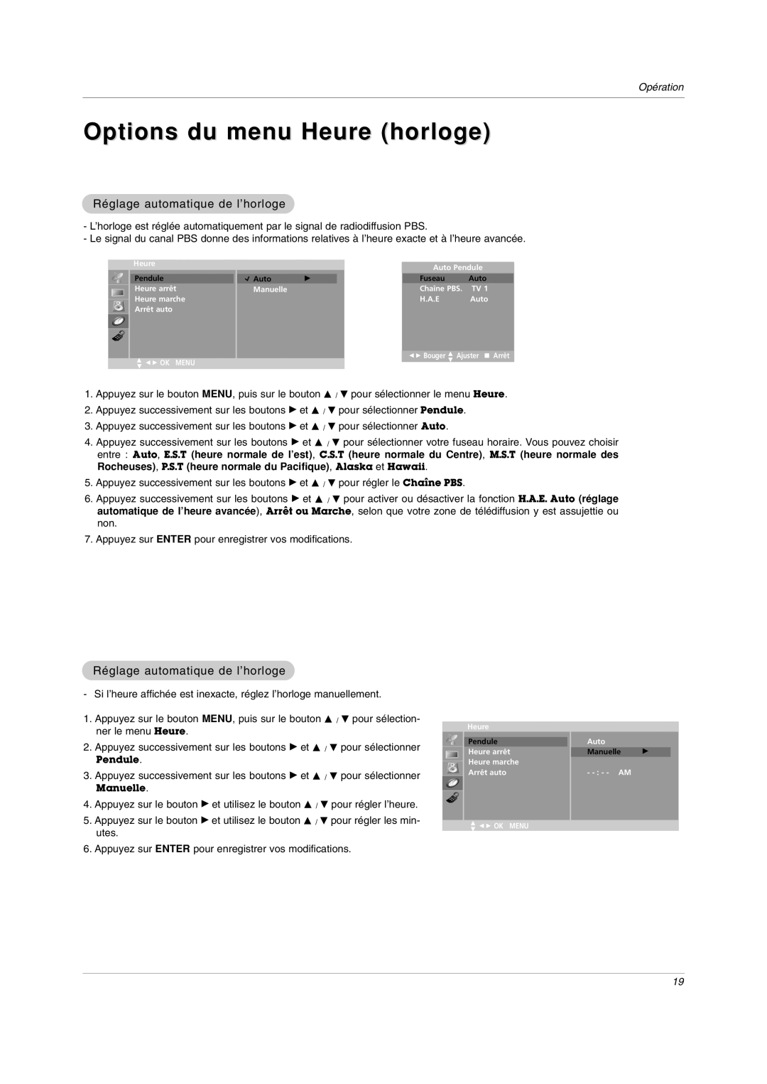 LG Electronics RU-20LA80C owner manual Options du menu Heure horloge, Réglage automatique de l’horloge 