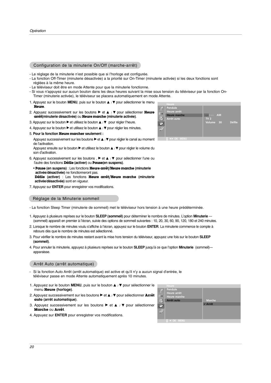 LG Electronics RU-20LA80C owner manual Configuration de la minuterie On/Off marche-arrêt, Réglage de la Minuterie sommeil 