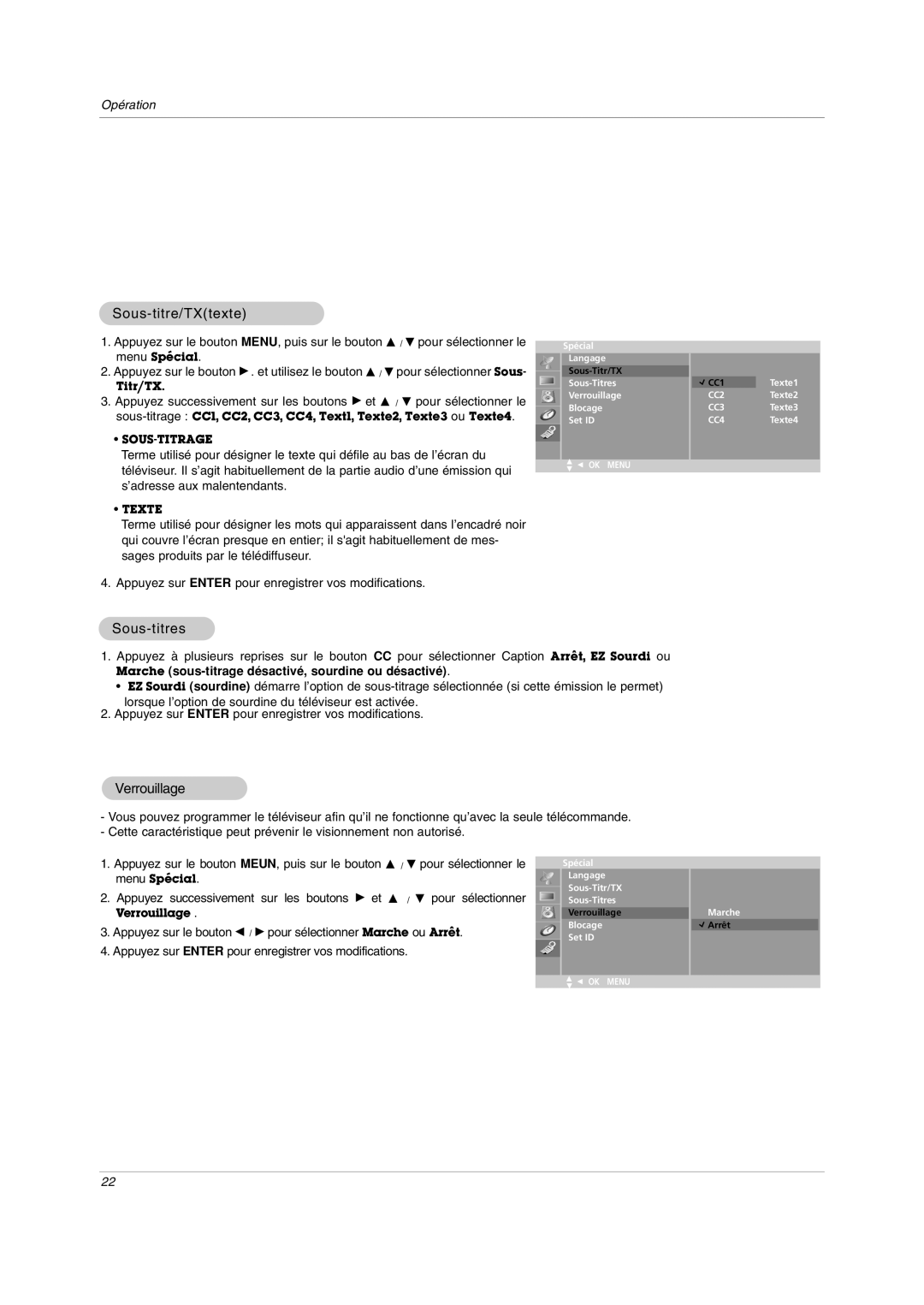 LG Electronics RU-20LA80C owner manual Sous-titre/TXtexte, Sous-titres, Verrouillage 