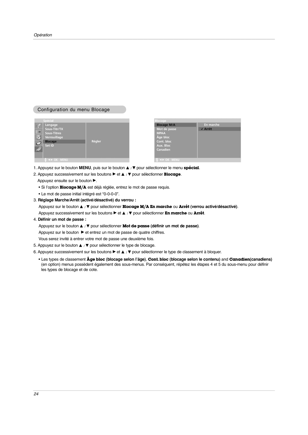 LG Electronics RU-20LA80C owner manual Configuration du menu Blocage, Réglage Marche/Arrêt activé/désactivé du verrou 