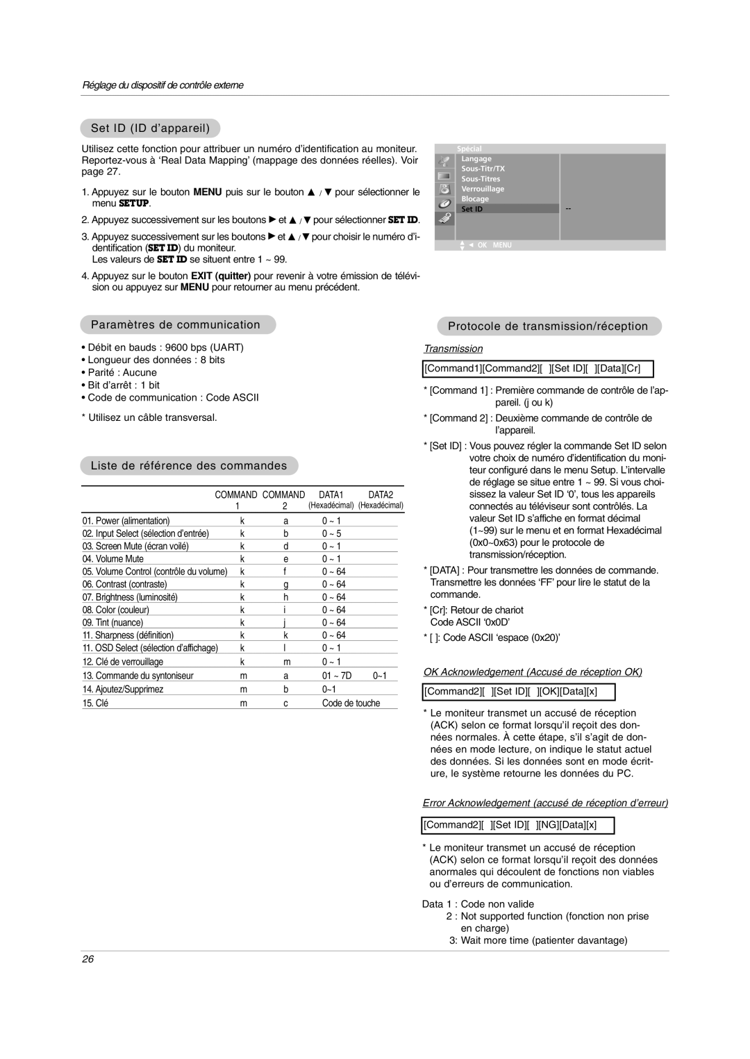 LG Electronics RU-20LA80C owner manual Set ID ID d’appareil, Paramètres de communication, Liste de référence des commandes 