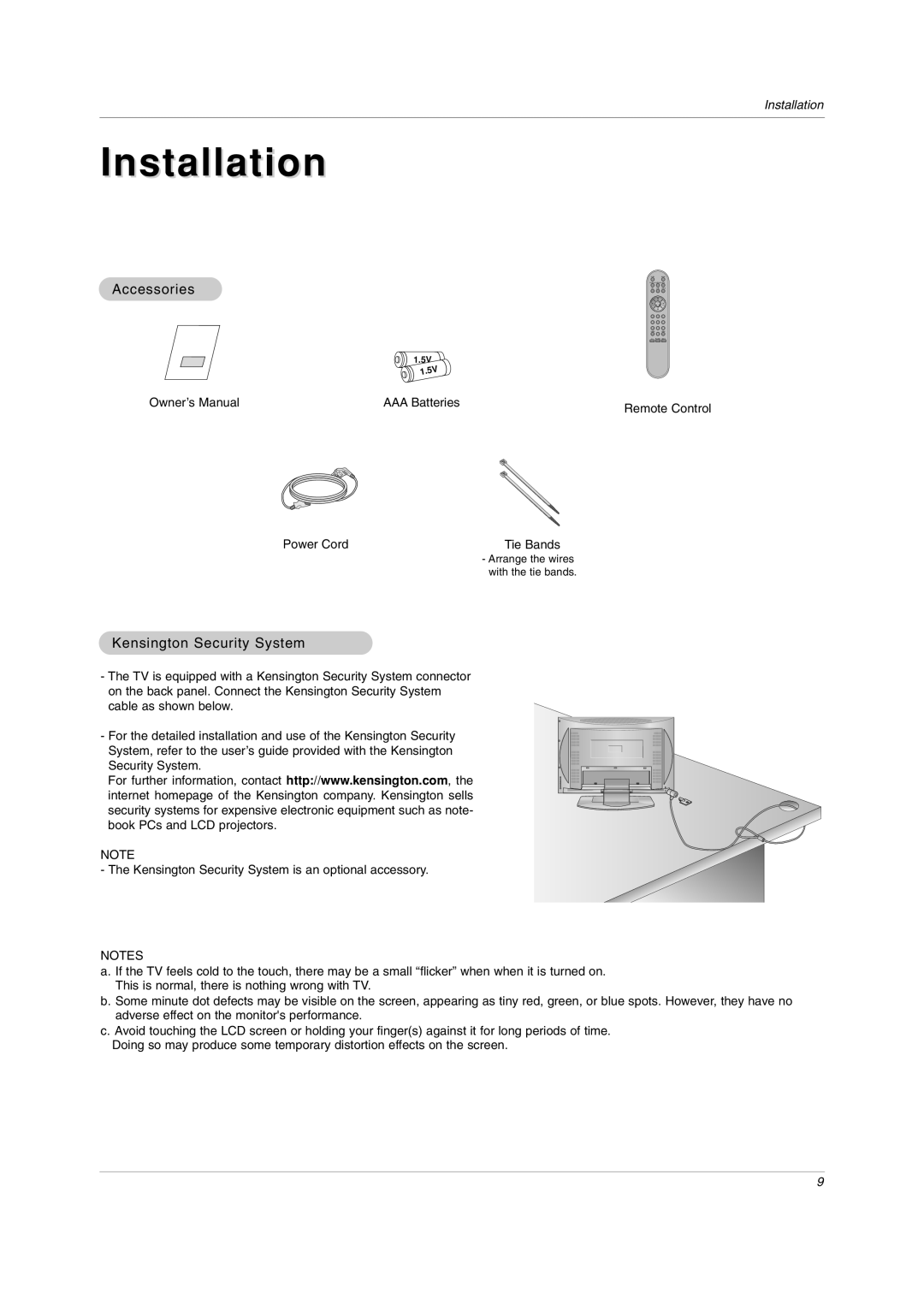 LG Electronics RU-20LA80C owner manual Accessories, Kensington Security System 