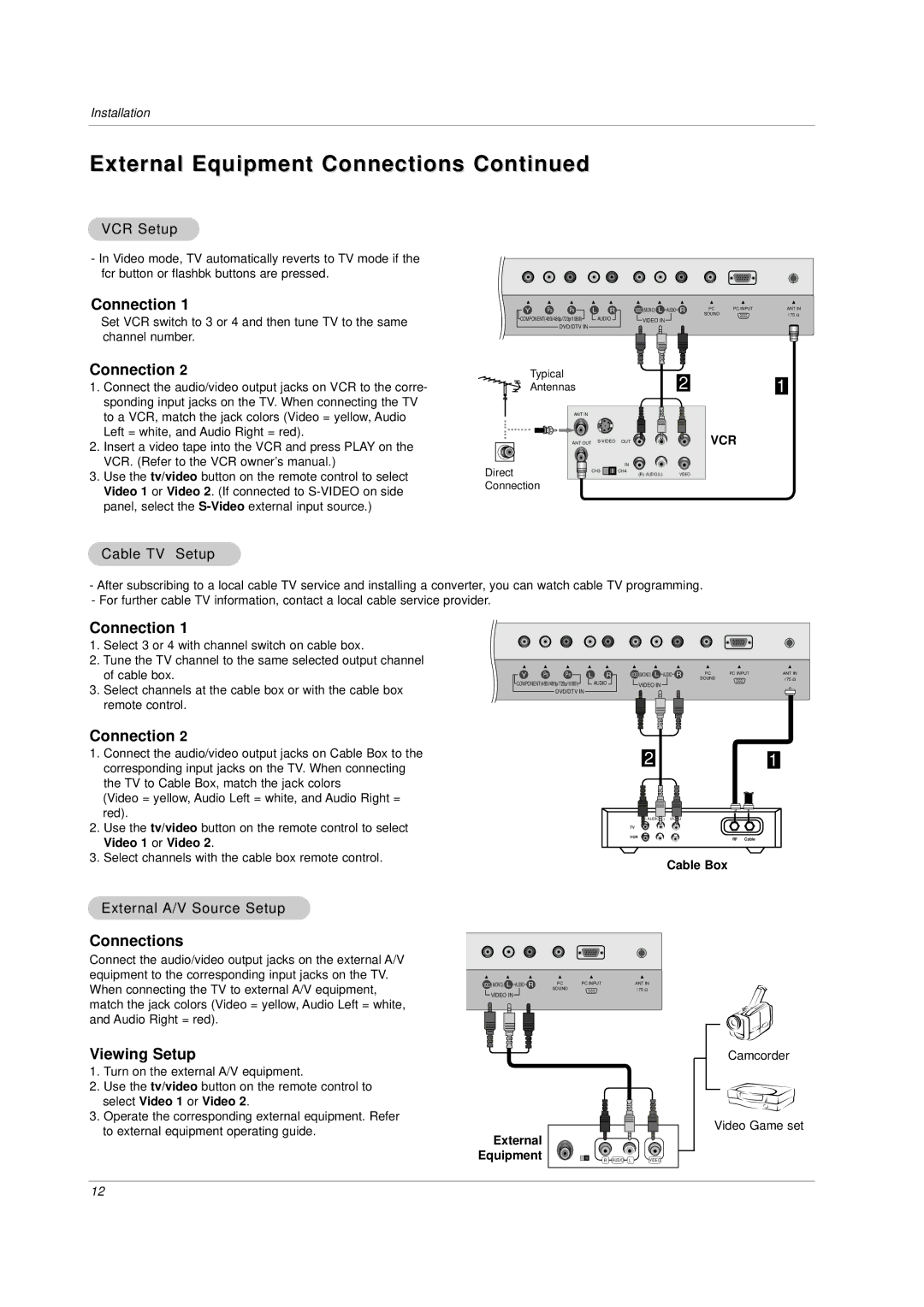 LG Electronics RU-23LZ20,RU-23LZ21, RU-23LZ22 owner manual External Equipment Connections, VCR Setup, Cable TV Setup 