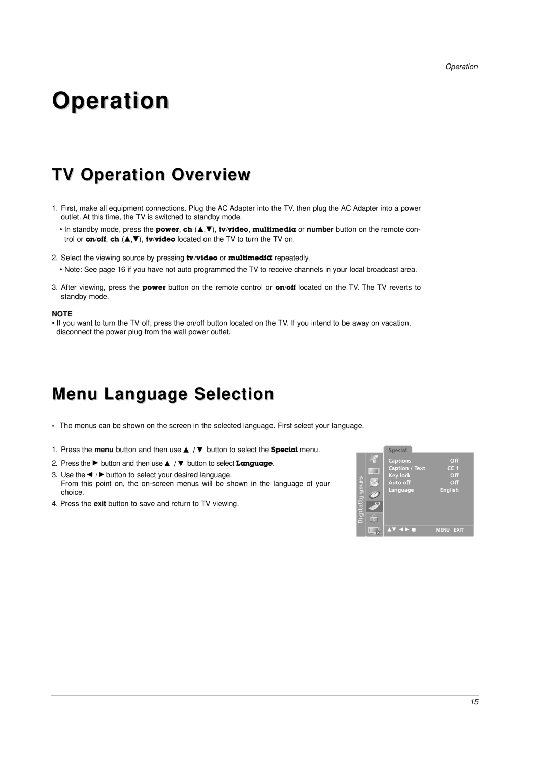 LG Electronics RU-17LZ20, RU-17LZ21, RU-17LZ22 owner manual TV Operation Overview, Menu Language Selection 