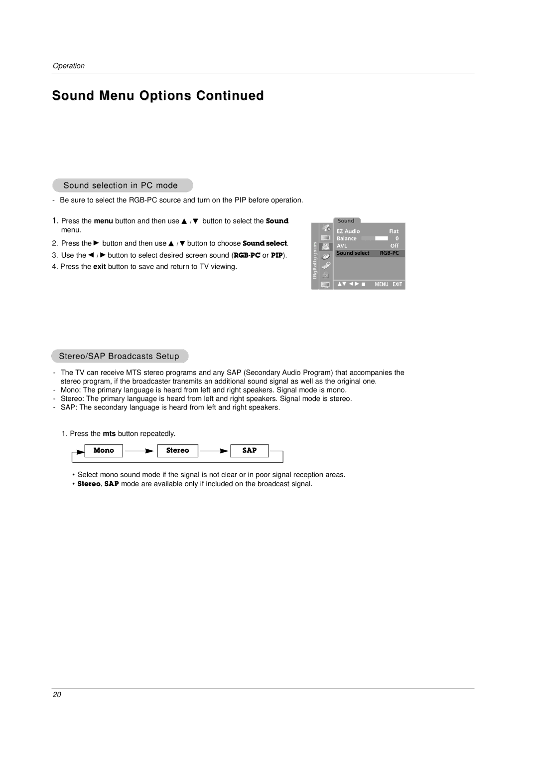 LG Electronics RU-23LZ20,RU-23LZ21, RU-23LZ22 Sound Menu Options, Sound selection in PC mode, Stereo/SAP Broadcasts Setup 