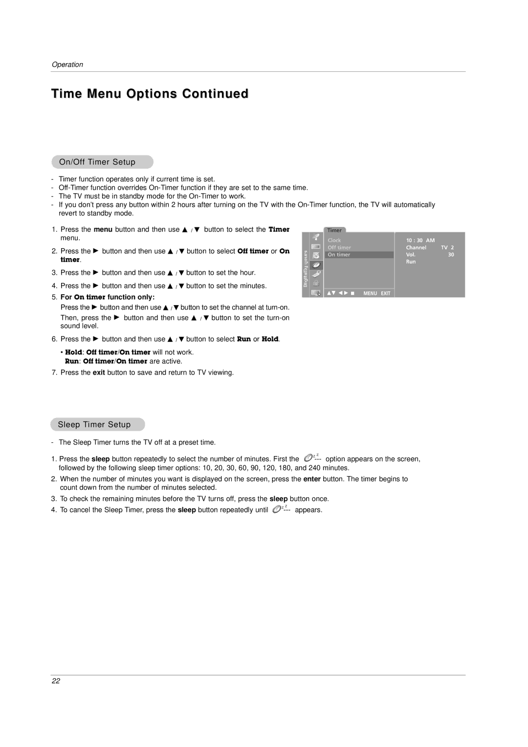 LG Electronics RU-23LZ20,RU-23LZ21, RU-23LZ22 owner manual Time Menu Options, On/Off Timer Setup, Sleep Timer Setup 