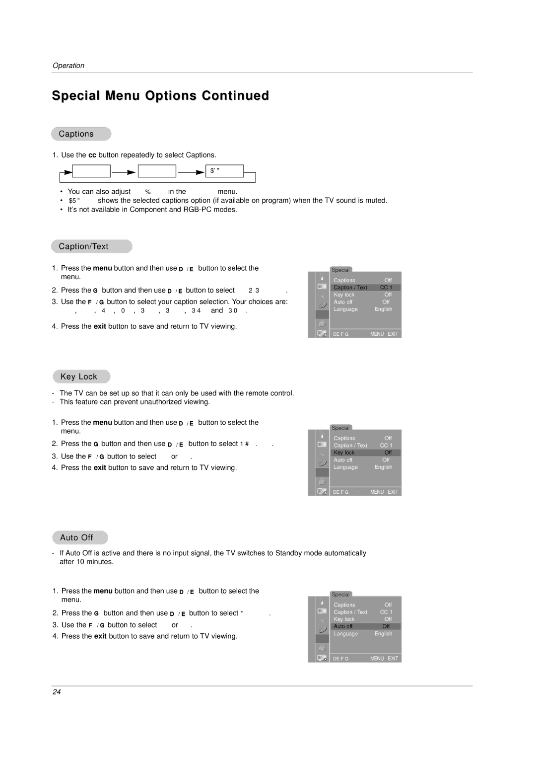 LG Electronics RU-23LZ20,RU-23LZ21, RU-23LZ22 owner manual Special Menu Options, Captions, Caption/Text, Key Lock, Auto Off 