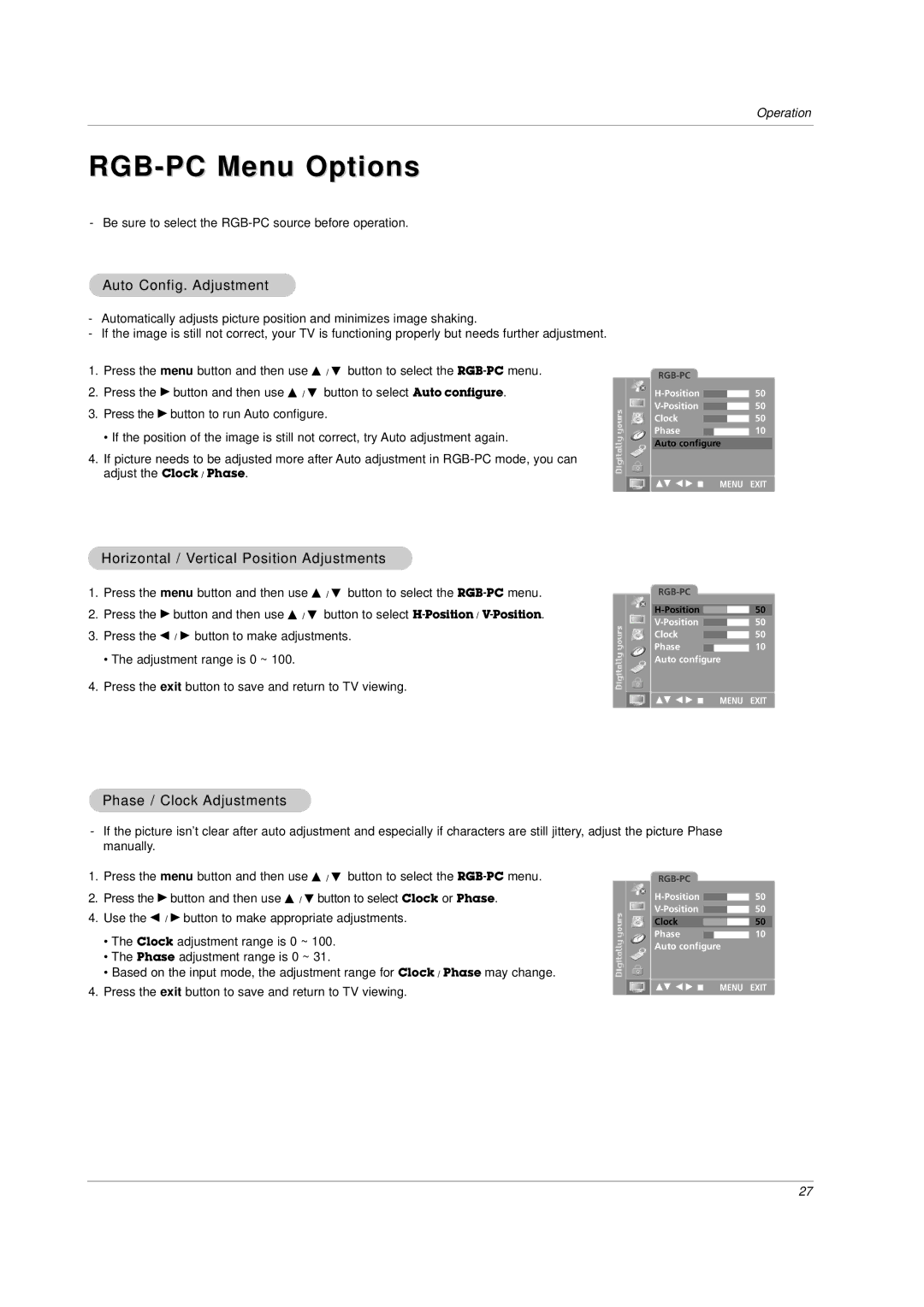 LG Electronics RU-17LZ20, RU-17LZ21, RU-17LZ22 RGB-PC Menu Options, Auto Config. Adjustment, Phase / Clock Adjustments 