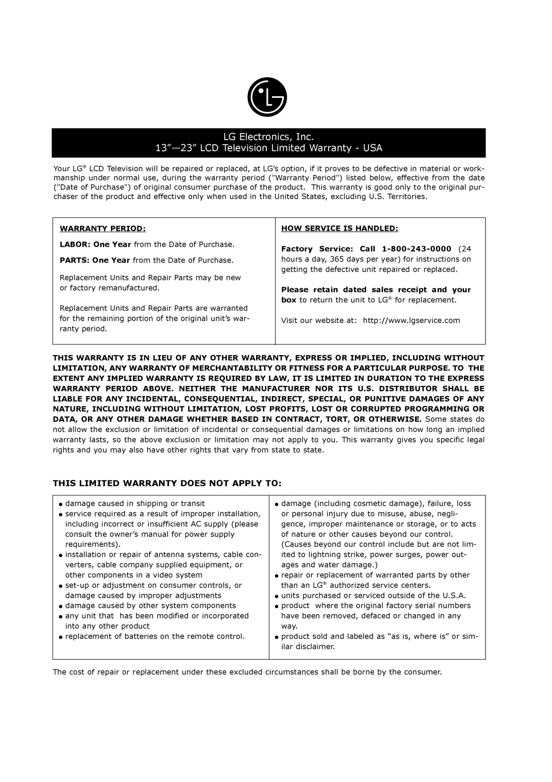 LG Electronics RU-17LZ20, RU-17LZ21, RU-17LZ22 owner manual LG Electronics, Inc LCD Television Limited Warranty USA 