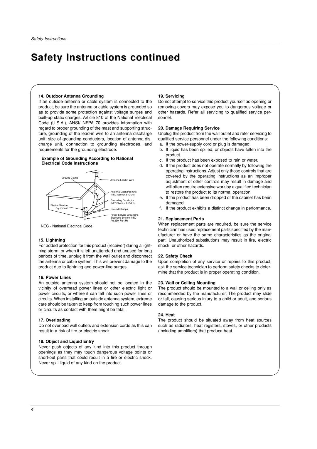 LG Electronics RU-23LZ20,RU-23LZ21, RU-23LZ22, RU-17LZ20, RU-17LZ21, RU-17LZ22 owner manual Safety Instructions 