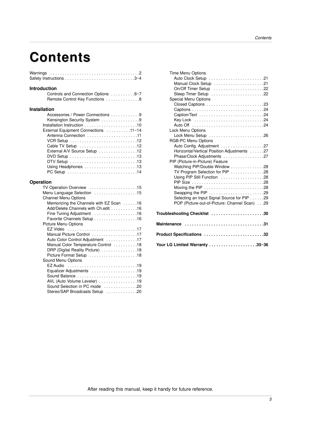 LG Electronics RU-17LZ20, RU-17LZ21, RU-17LZ22, RU-23LZ20,RU-23LZ21, RU-23LZ22 owner manual Contents 