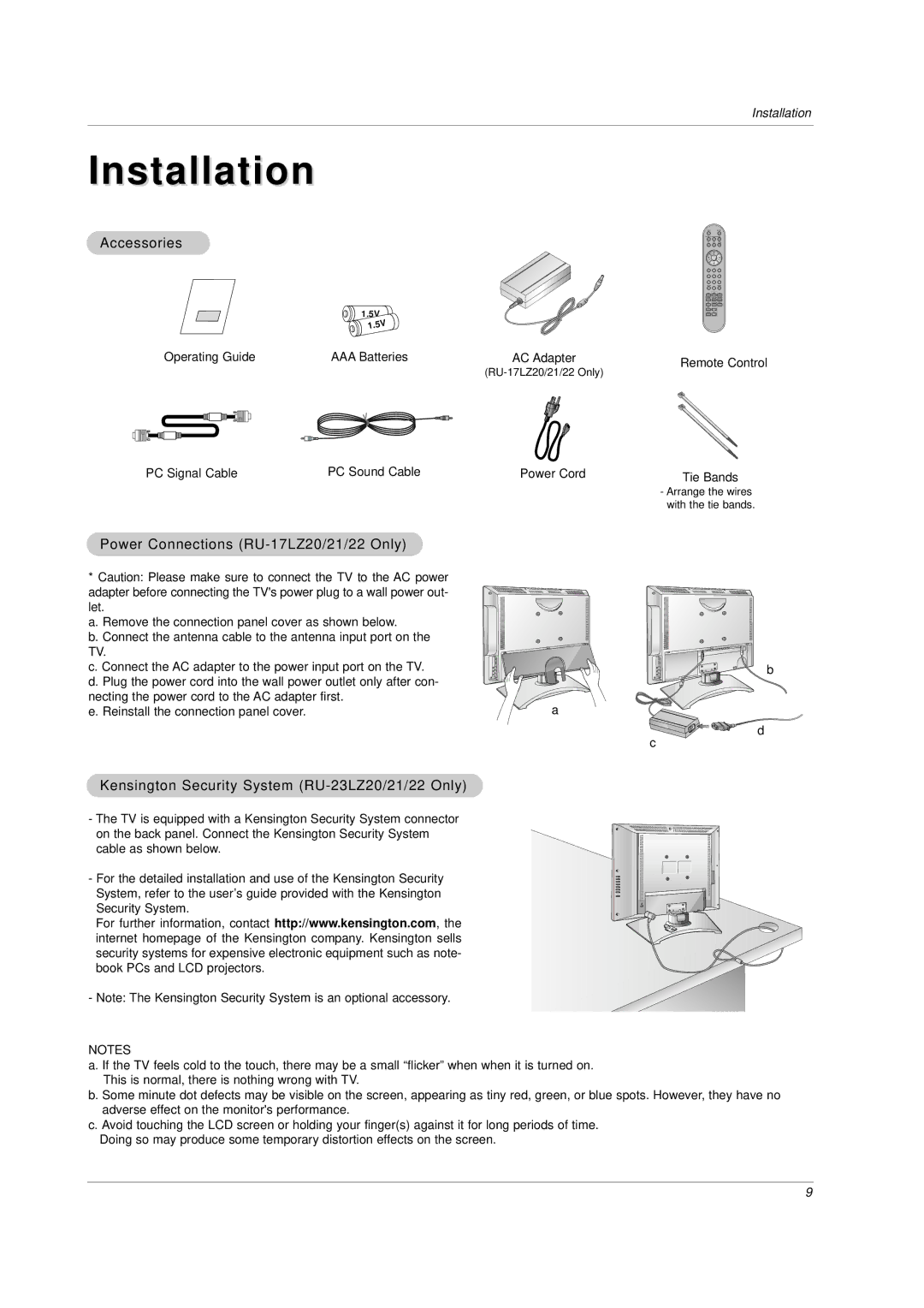 LG Electronics RU-17LZ20, RU-17LZ21, RU-17LZ22 owner manual Accessories, Power Connections RU-17LZ20/21/22 Only 