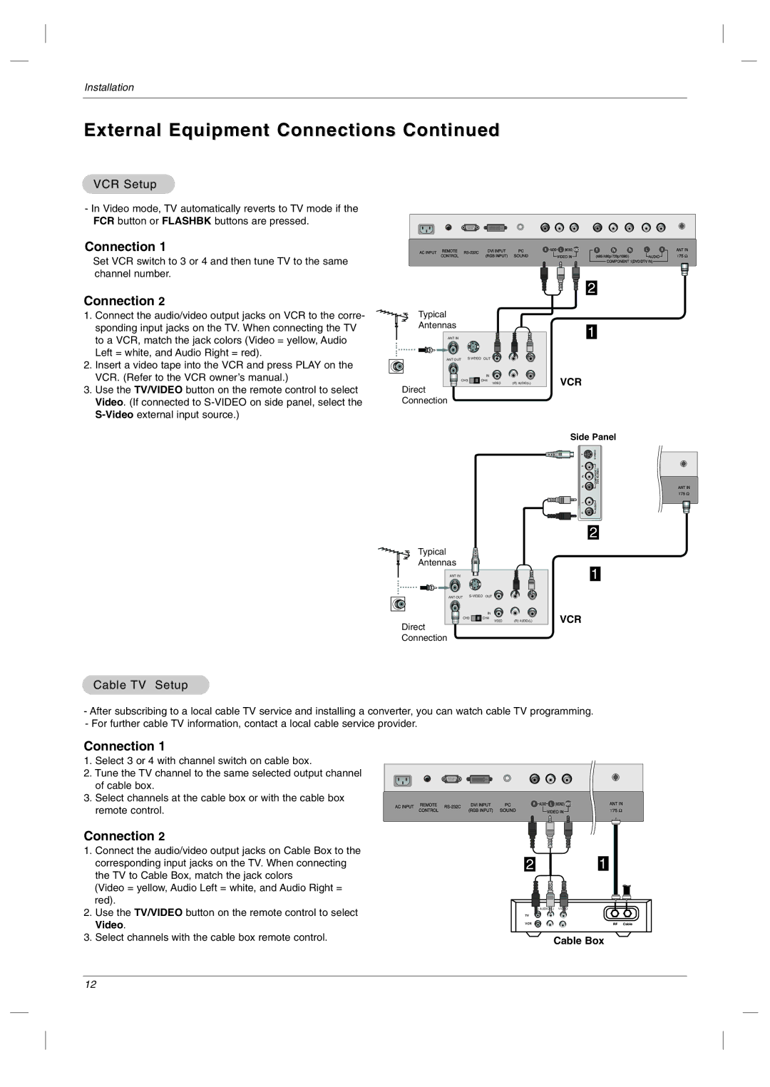 LG Electronics RU-23LZ50C owner manual External Equipment Connections, VCR Setup, Cable TV Setup, Cable Box 