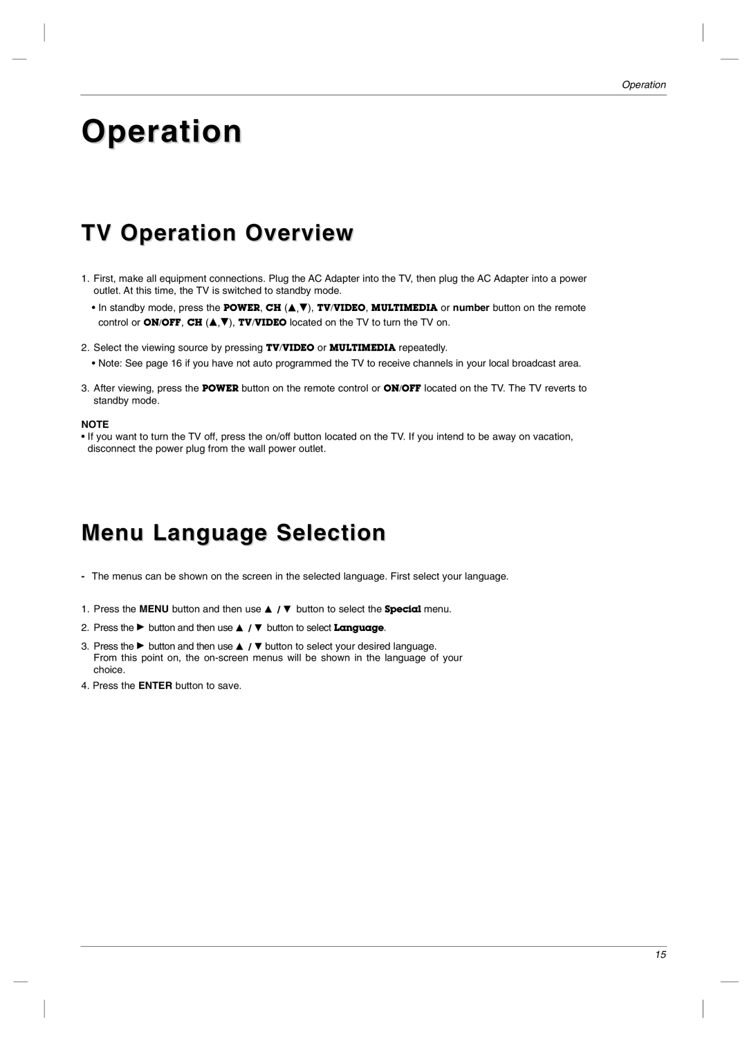 LG Electronics RU-23LZ50C owner manual TV Operation Overview, Menu Language Selection 