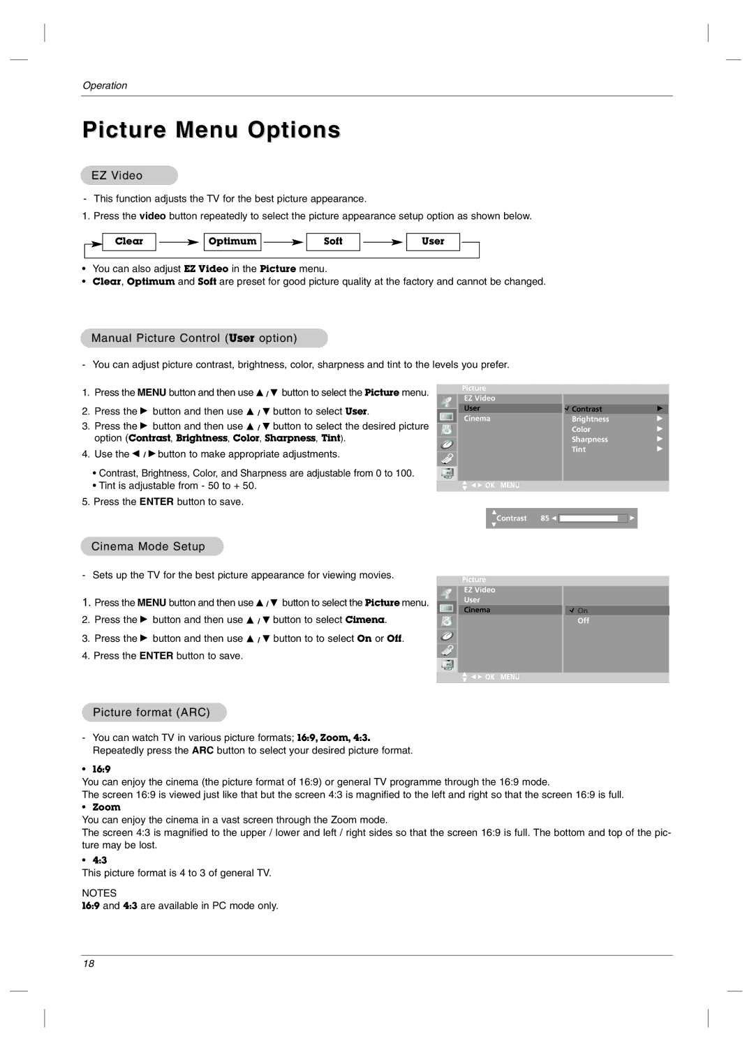 LG Electronics RU-23LZ50C Picture Menu Options, EZ Video, Manual Picture Control User option, Cinema Mode Setup 