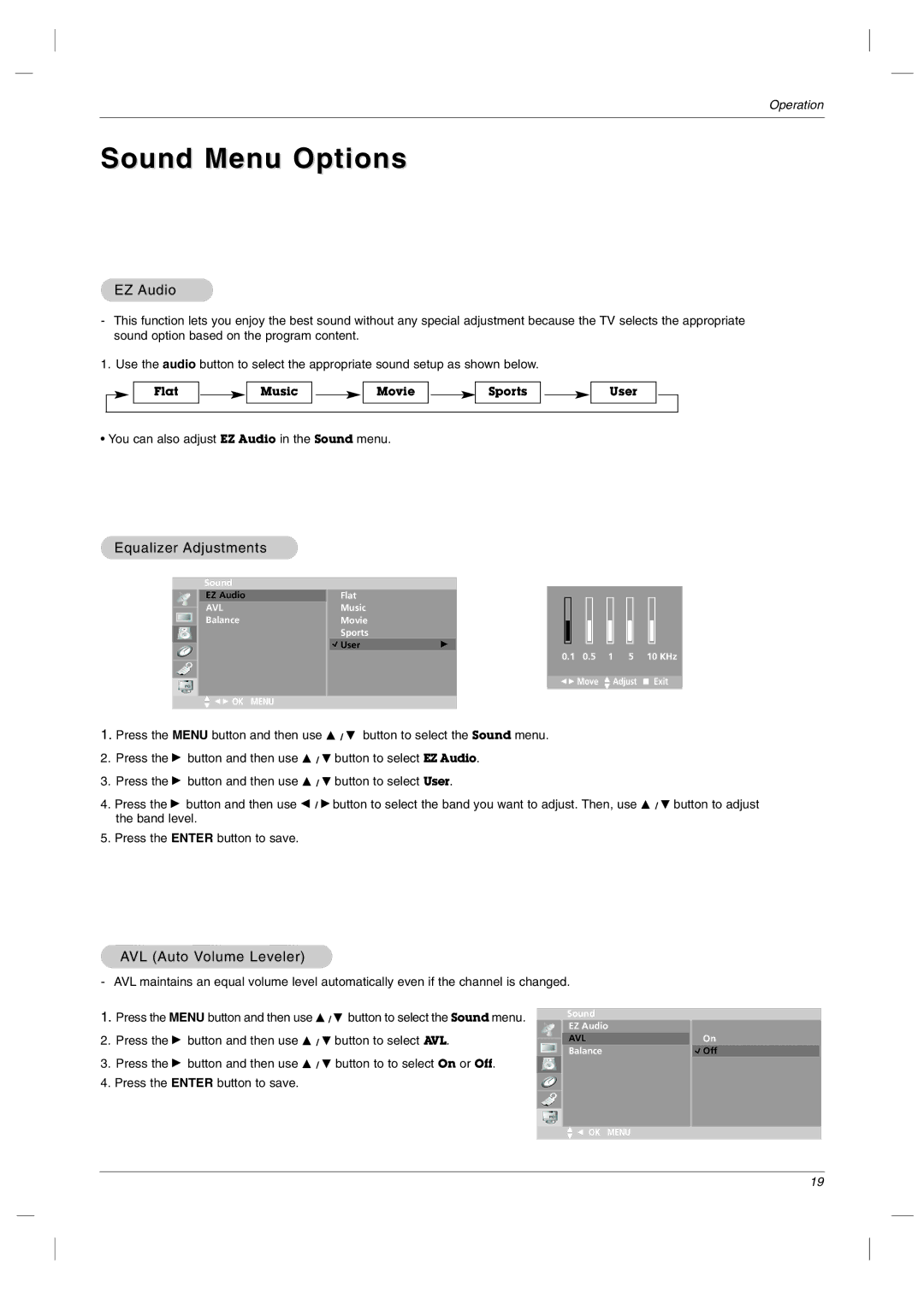 LG Electronics RU-23LZ50C owner manual Sound Menu Options, EZ Audio, Equalizer Adjustments, AVL Auto Volume Leveler 