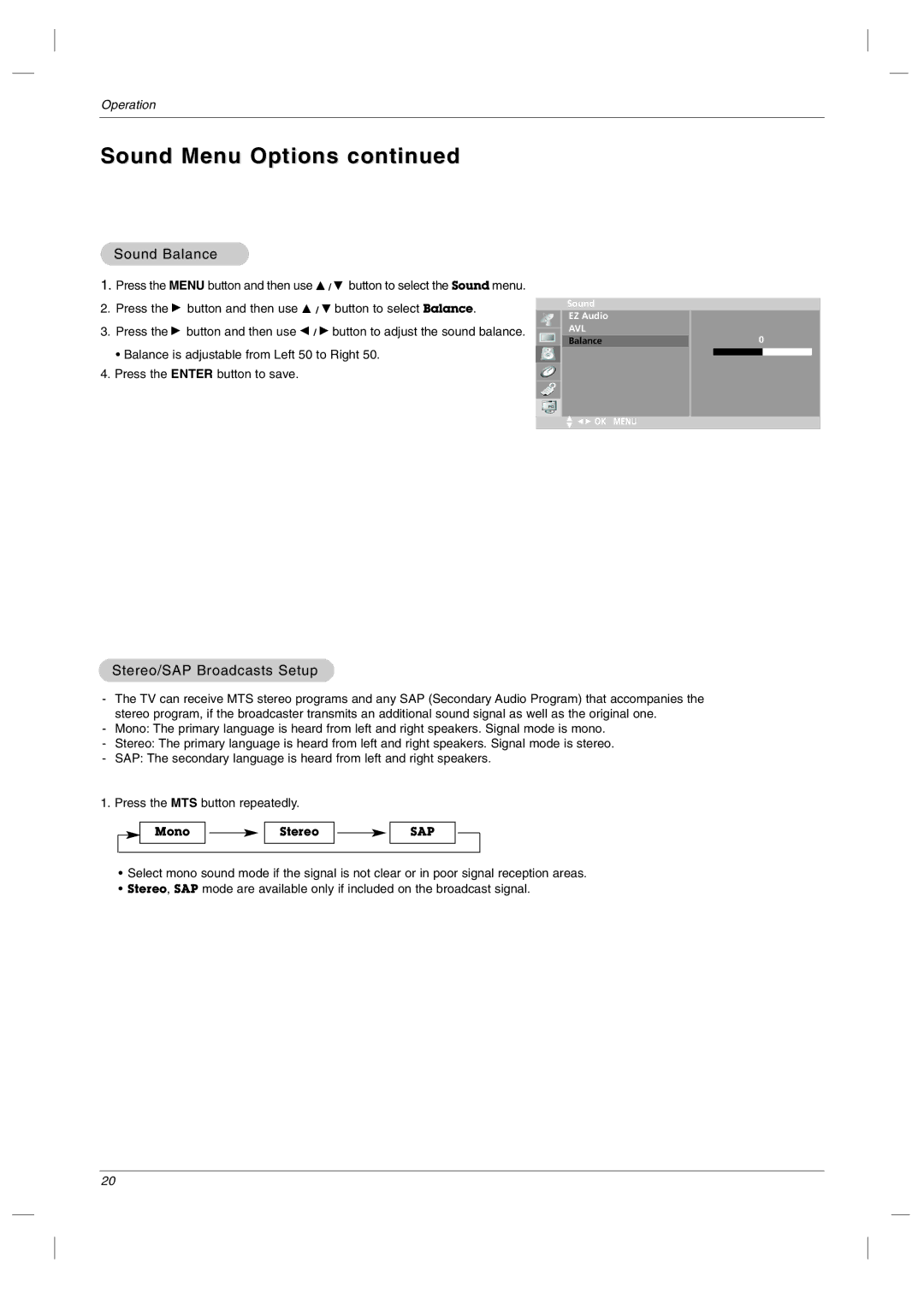 LG Electronics RU-23LZ50C Sound Menu Options, Sound Balance, Stereo/SAP Broadcasts Setup, Press the MTS button repeatedly 