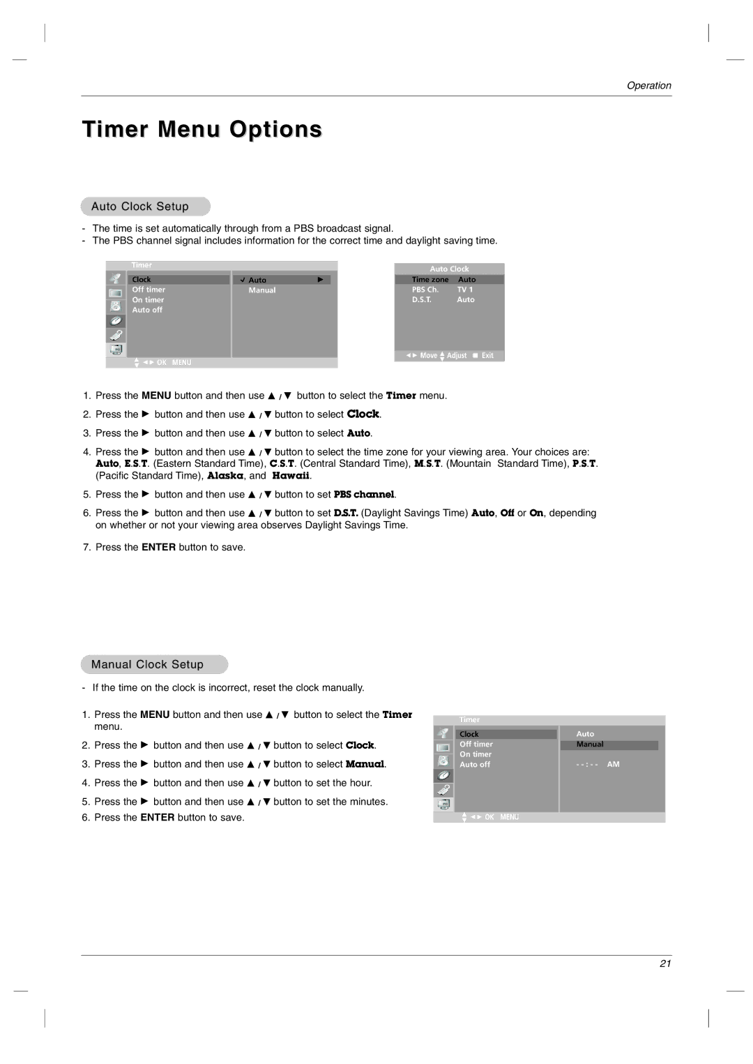 LG Electronics RU-23LZ50C owner manual Timer Menu Options, Auto Clock Setup, Manual Clock Setup 