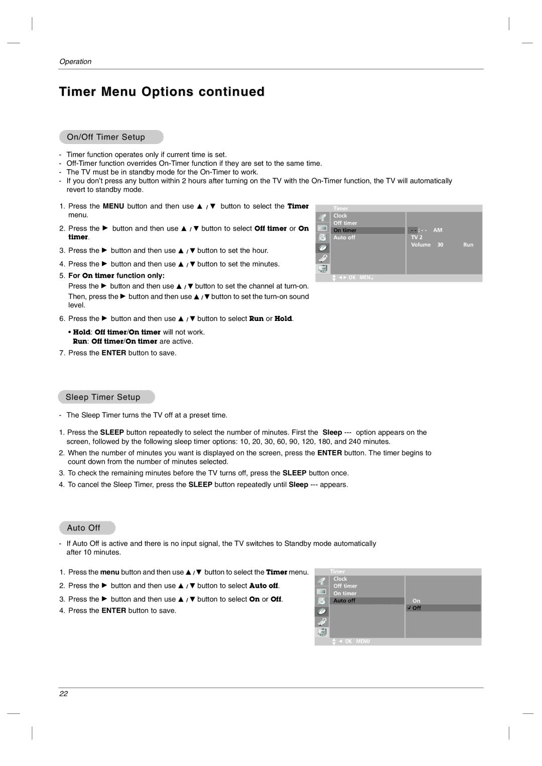 LG Electronics RU-23LZ50C Timer Menu Options, On/Off Timer Setup, Sleep Timer Setup, Auto Off, For On timer function only 