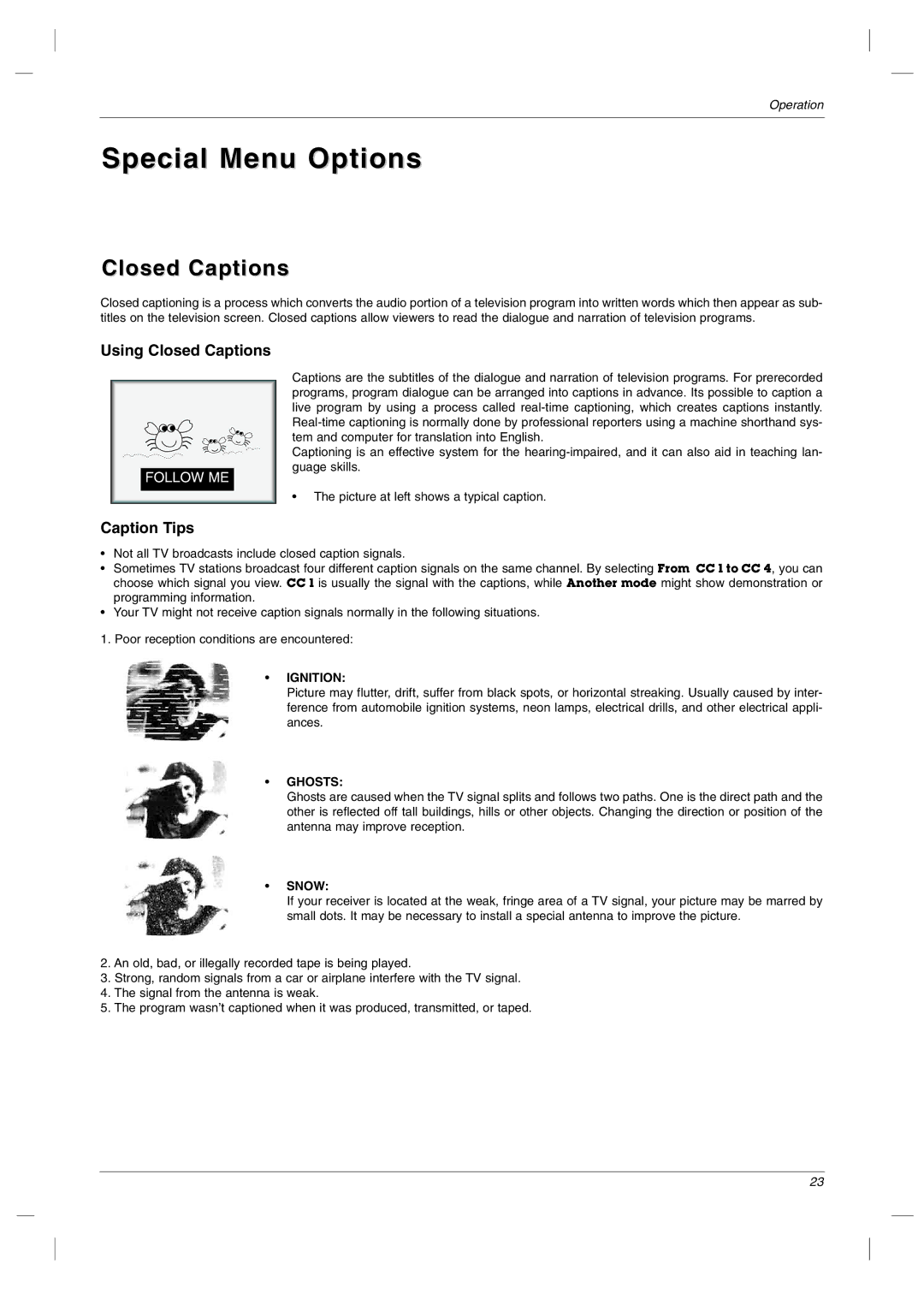 LG Electronics RU-23LZ50C owner manual Special Menu Options, Closed Captions 