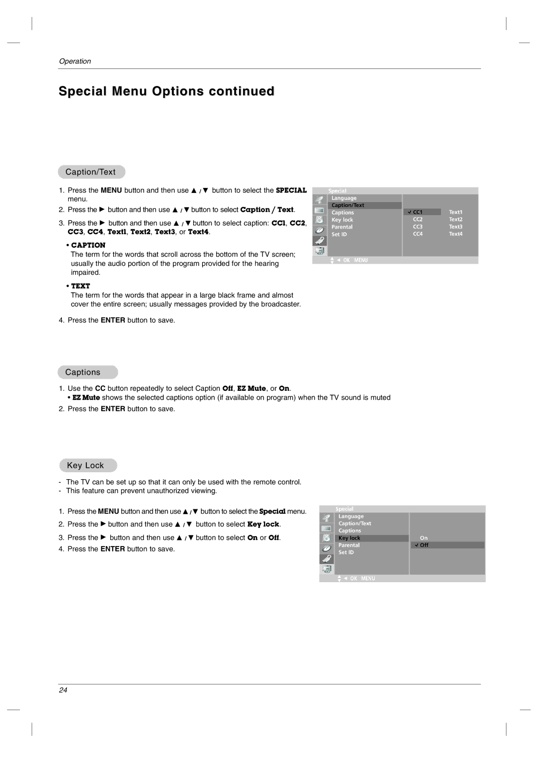 LG Electronics RU-23LZ50C owner manual Special Menu Options, Caption/Text, Captions, Key Lock 