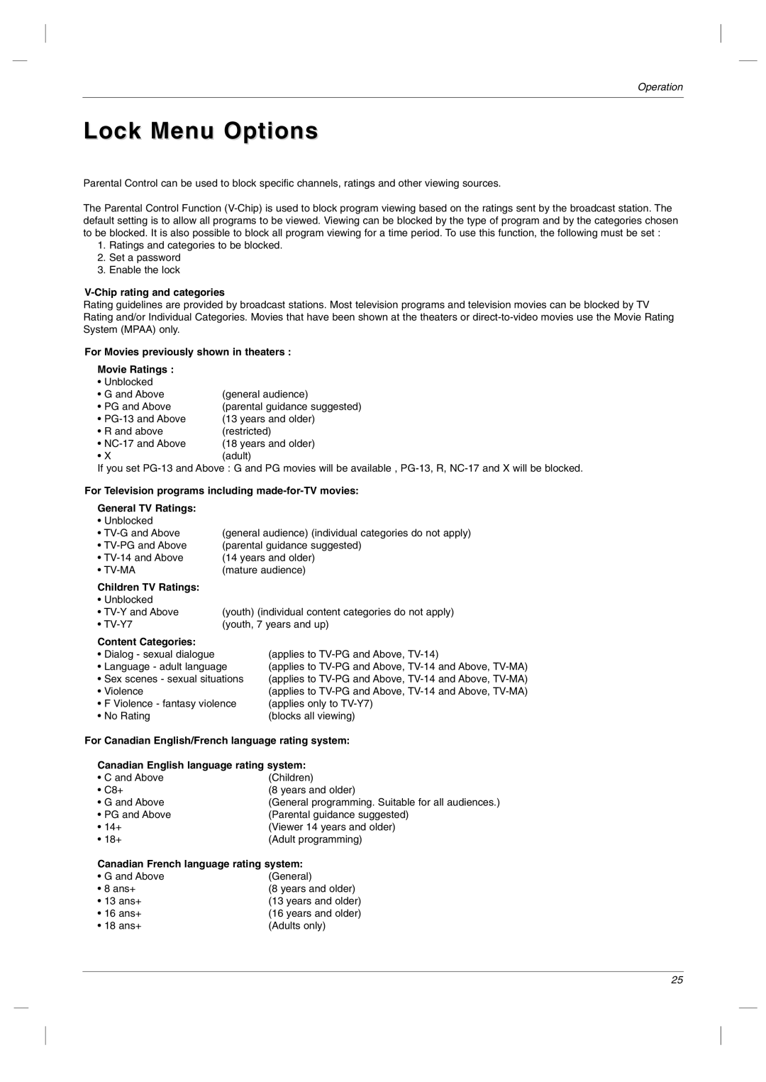 LG Electronics RU-23LZ50C owner manual Lock Menu Options 