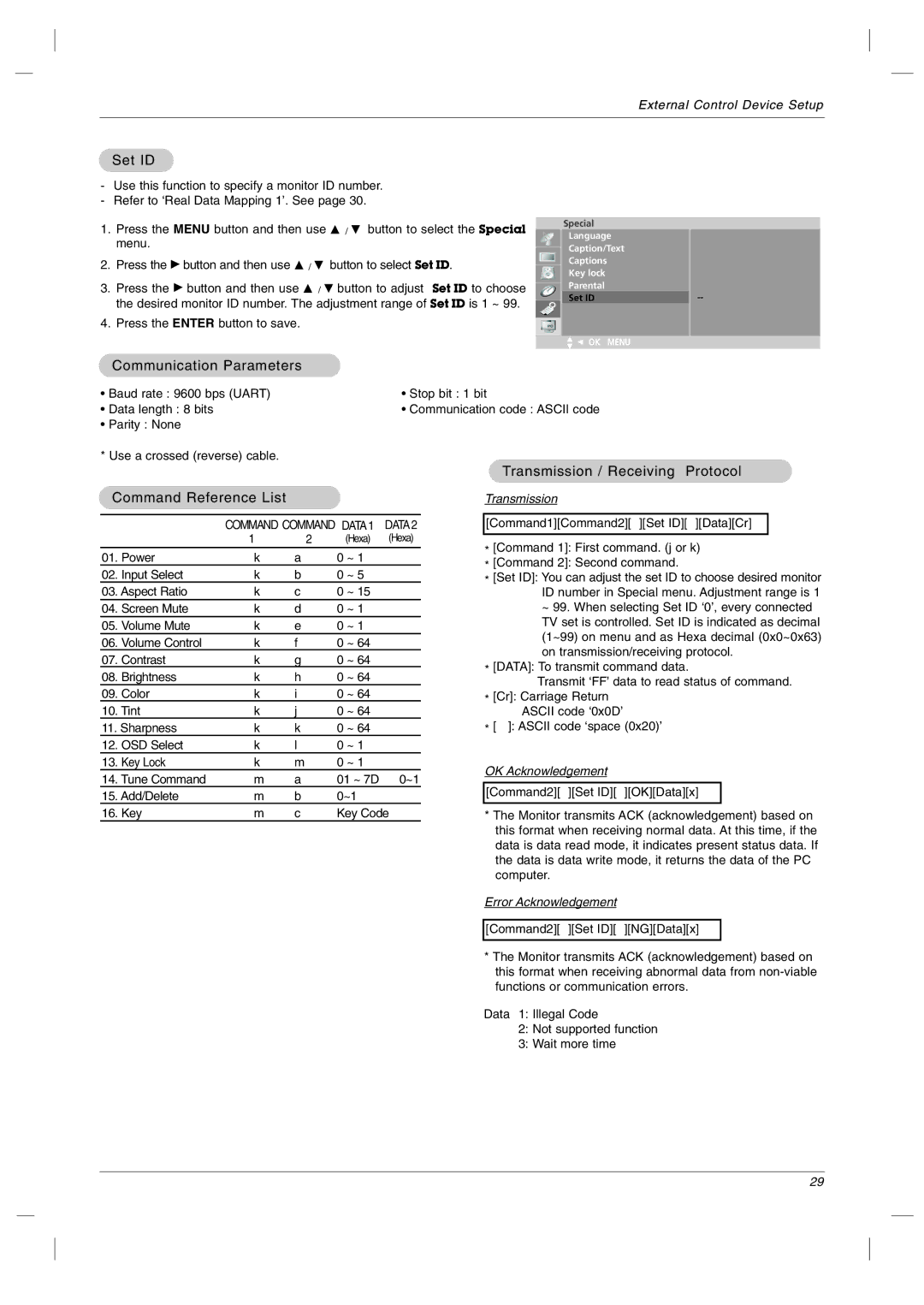 LG Electronics RU-23LZ50C Set ID, Communication Parameters, Transmission / Receiving Protocol, Command Reference List 