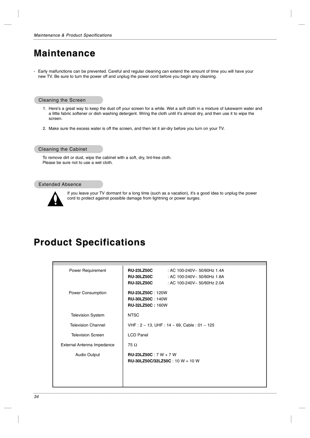 LG Electronics RU-23LZ50C Maintenance, Product Specifications, Cleaning the Screen, Cleaning the Cabinet, Extended Absence 