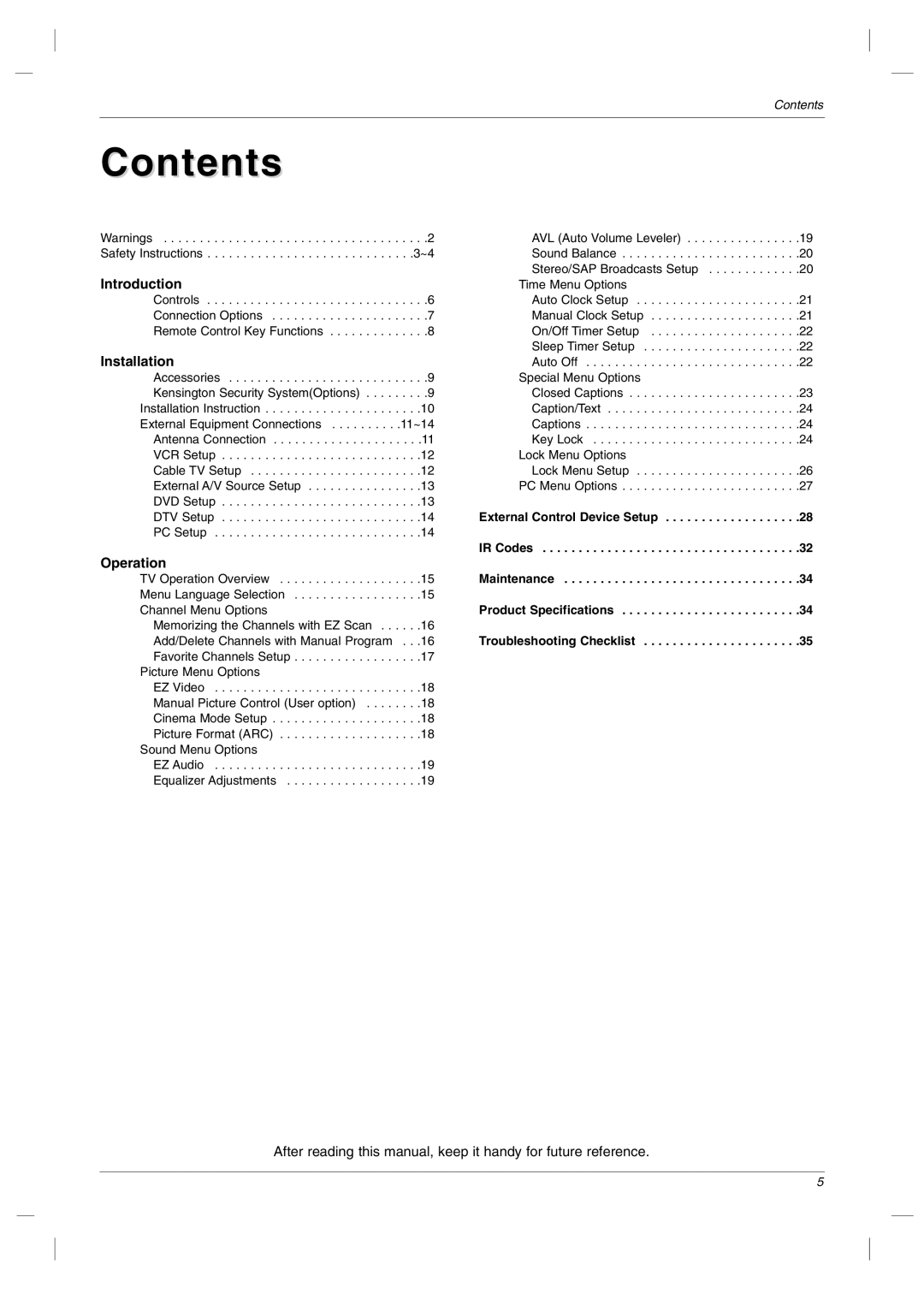 LG Electronics RU-23LZ50C owner manual Contents 