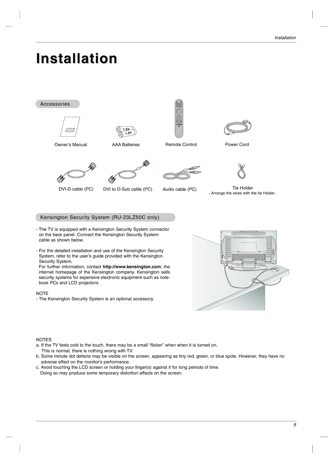 LG Electronics owner manual Accessories, Kensington Security System RU-23LZ50C only 