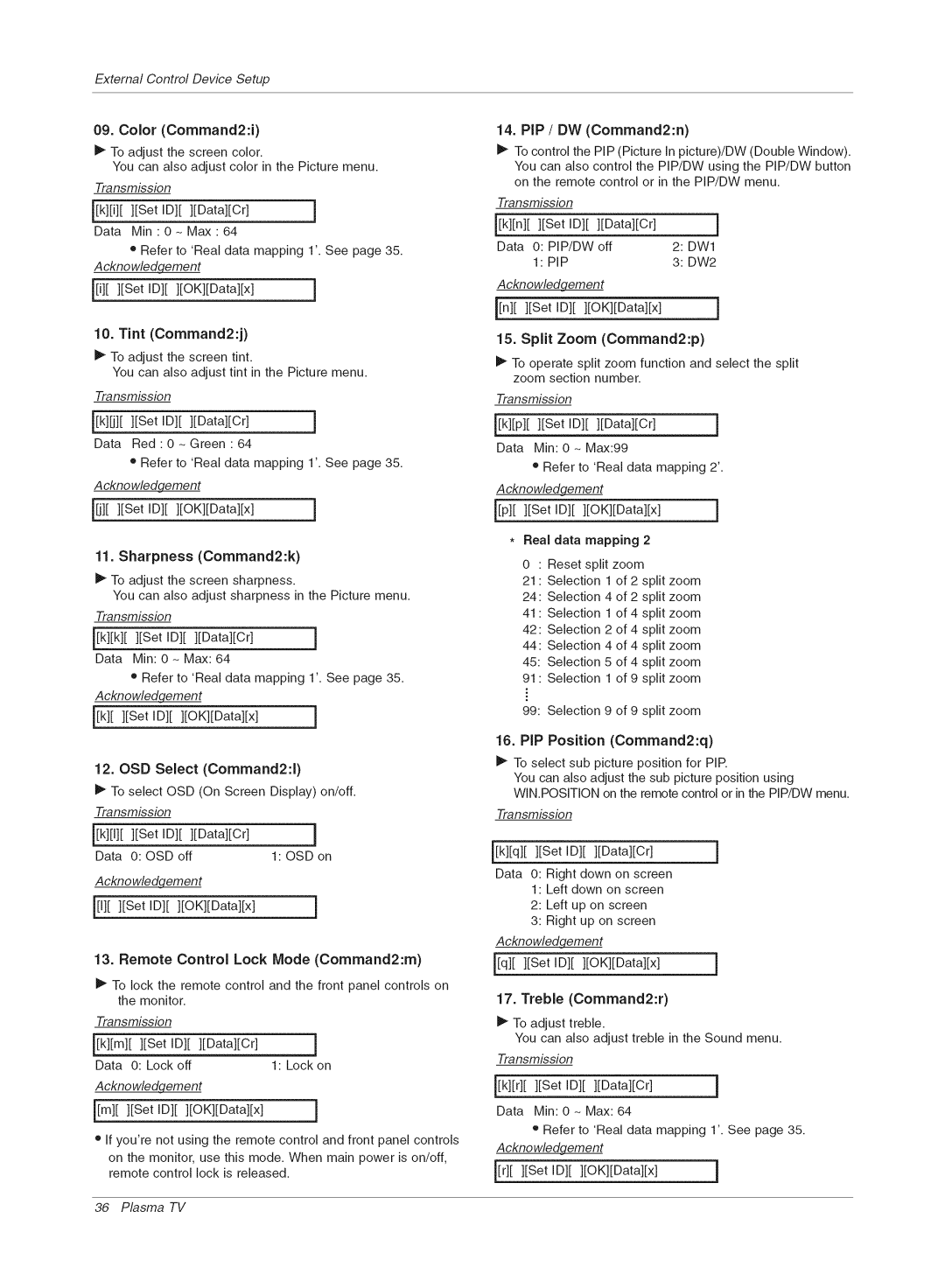 LG Electronics RU-42PX10C manual Tint Command2j, Command2k, OSD Select Command2l, Remote Control Lock Mode Command2m 