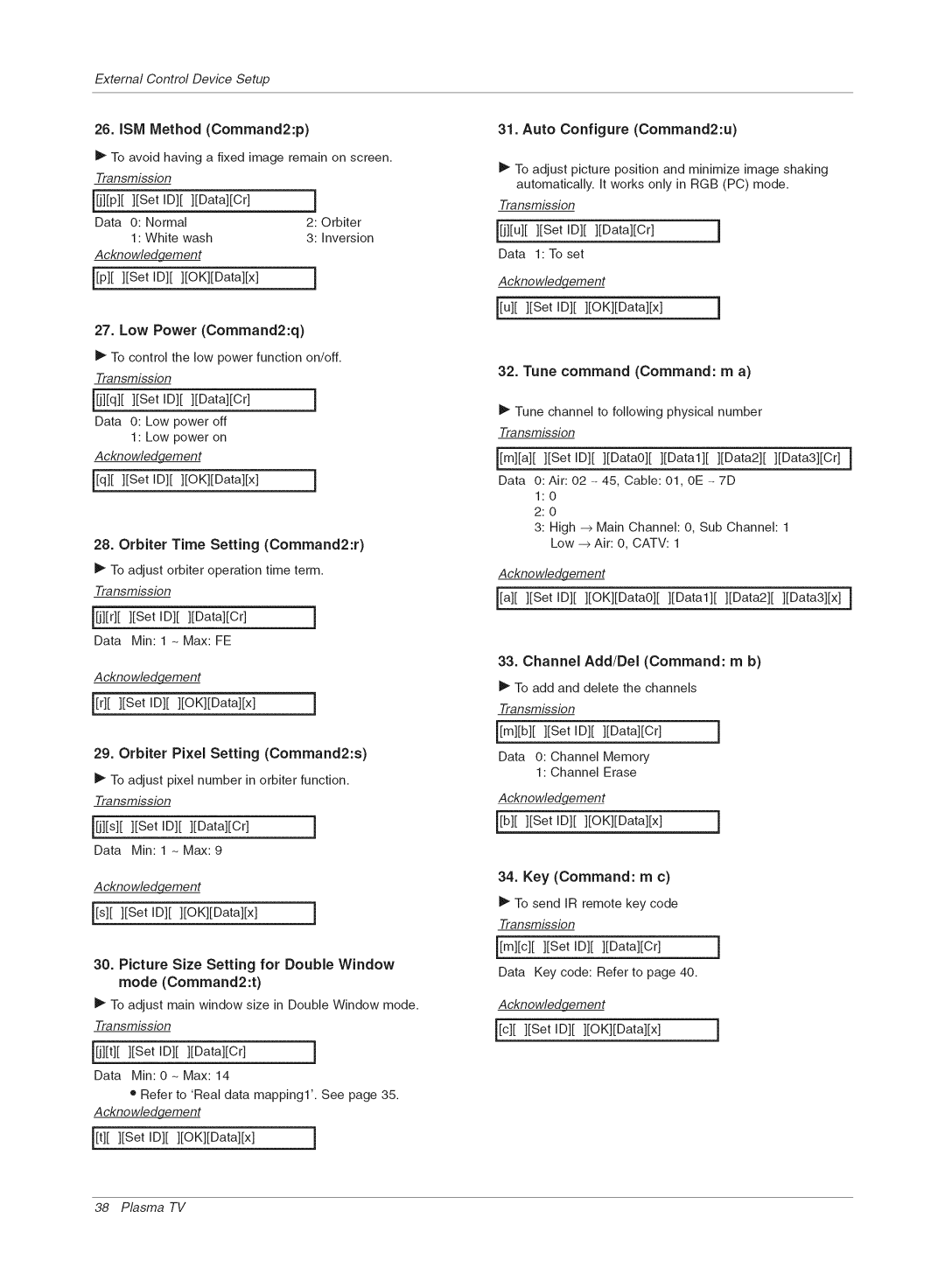 LG Electronics RU-42PX10C manual Low Power Command2q, Orbiter Pixel Setting Command2s, Key Command m c 