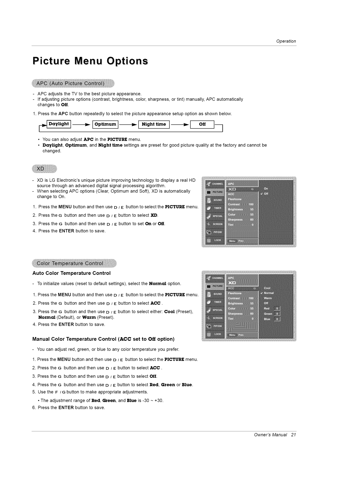 LG Electronics RU-42PZ61/71 manual Picture Me n u 0 ptio n s, Auto Color Temperature Control 