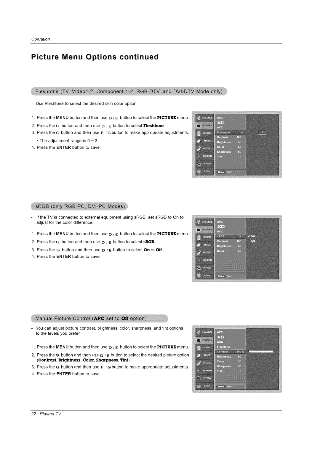 LG Electronics RU-42PZ61/71 manual Picture Menu Options, Contrast, Brightness, Color, Sharpness, Tint 