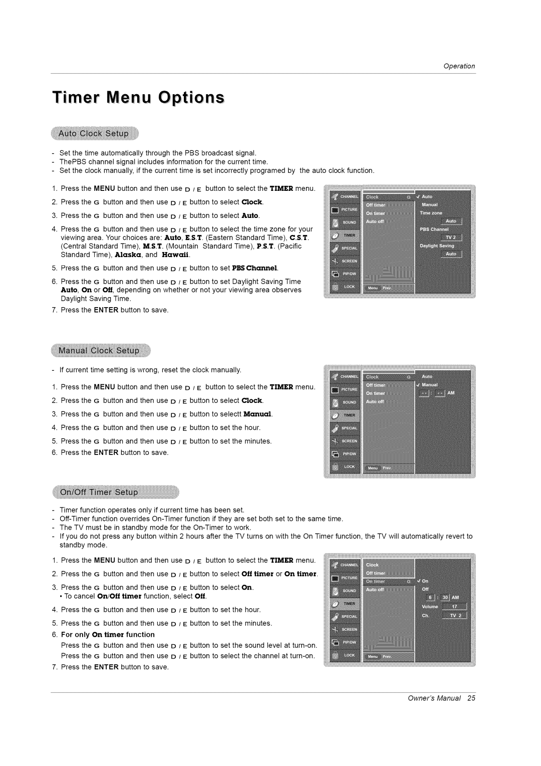 LG Electronics RU-42PZ61/71 manual Timer Menu Options 