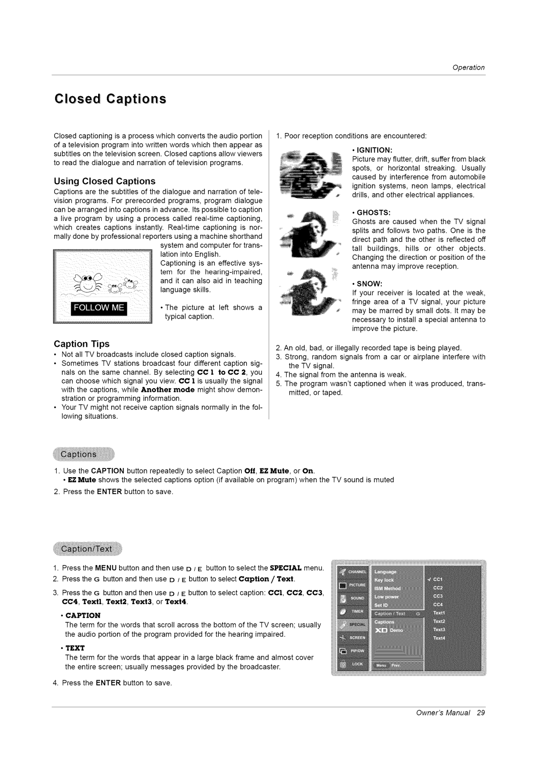 LG Electronics RU-42PZ61/71 manual Io s e d C a pt io n s, Ignition, Snow 