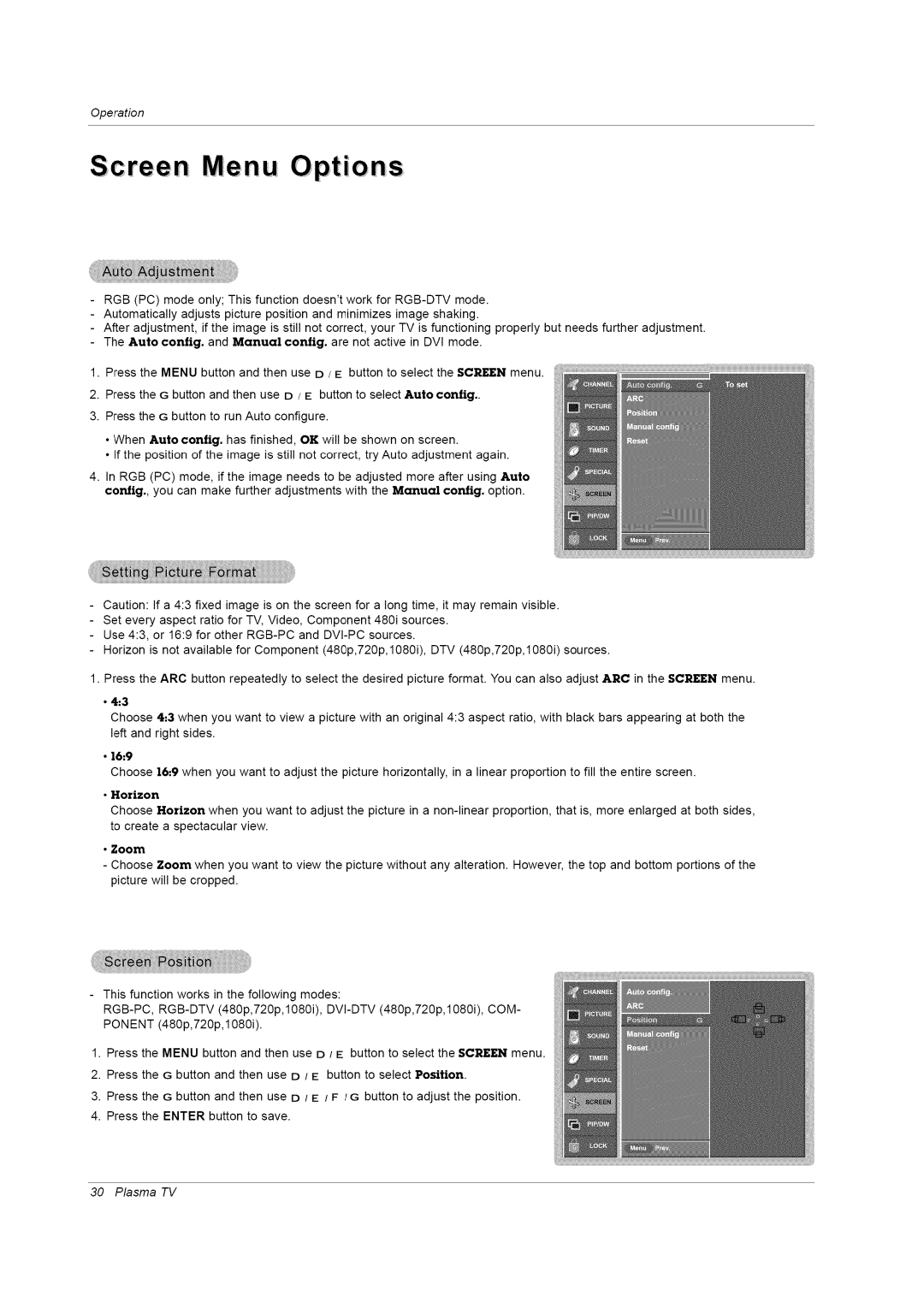 LG Electronics RU-42PZ61/71 manual Screen Menu Options, 169 