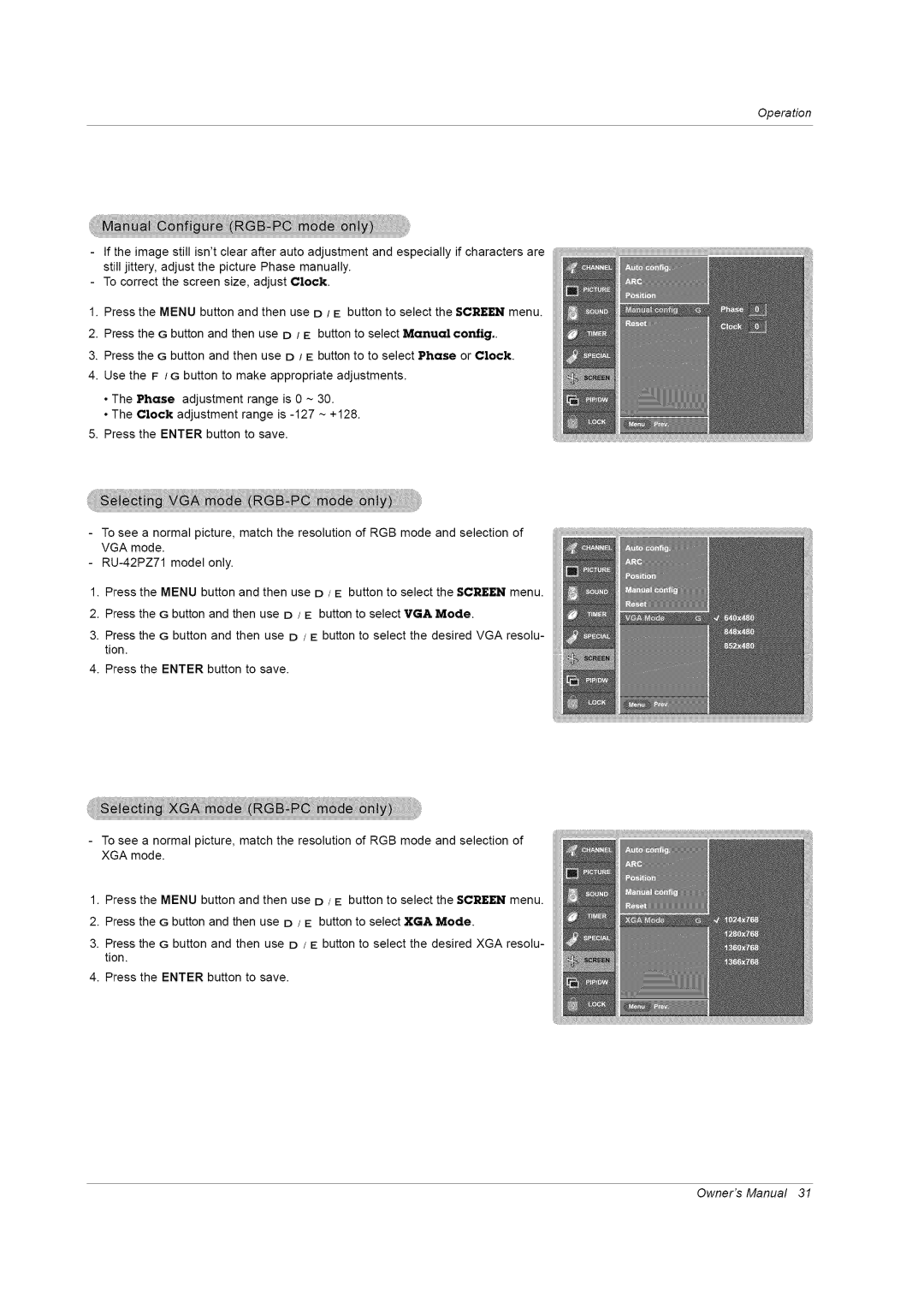 LG Electronics RU-42PZ61/71 manual Operation 