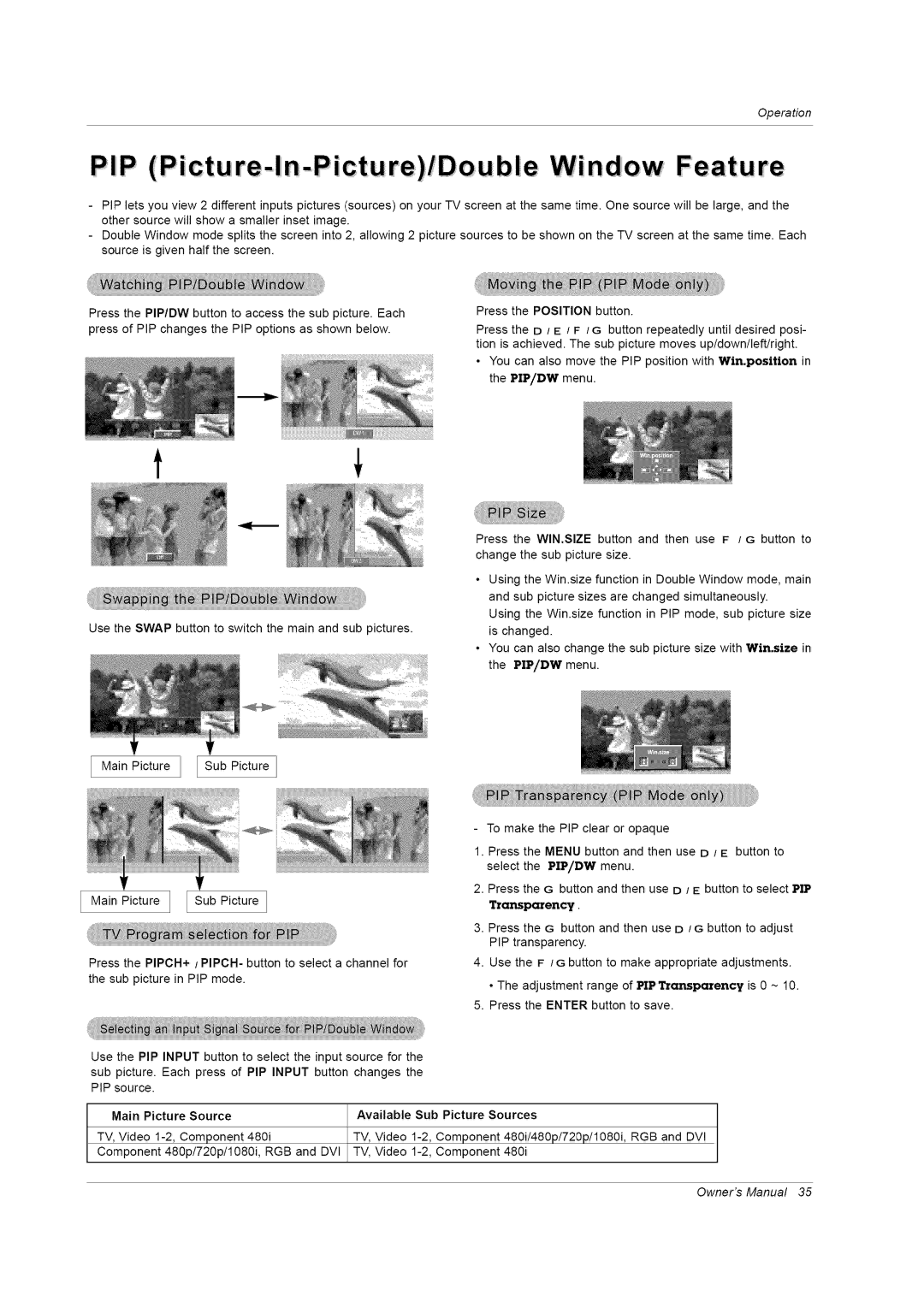 LG Electronics RU-42PZ61/71 manual Picture-ln-Pictu re!Dou ble Window Feature, Main Picture Source Available 