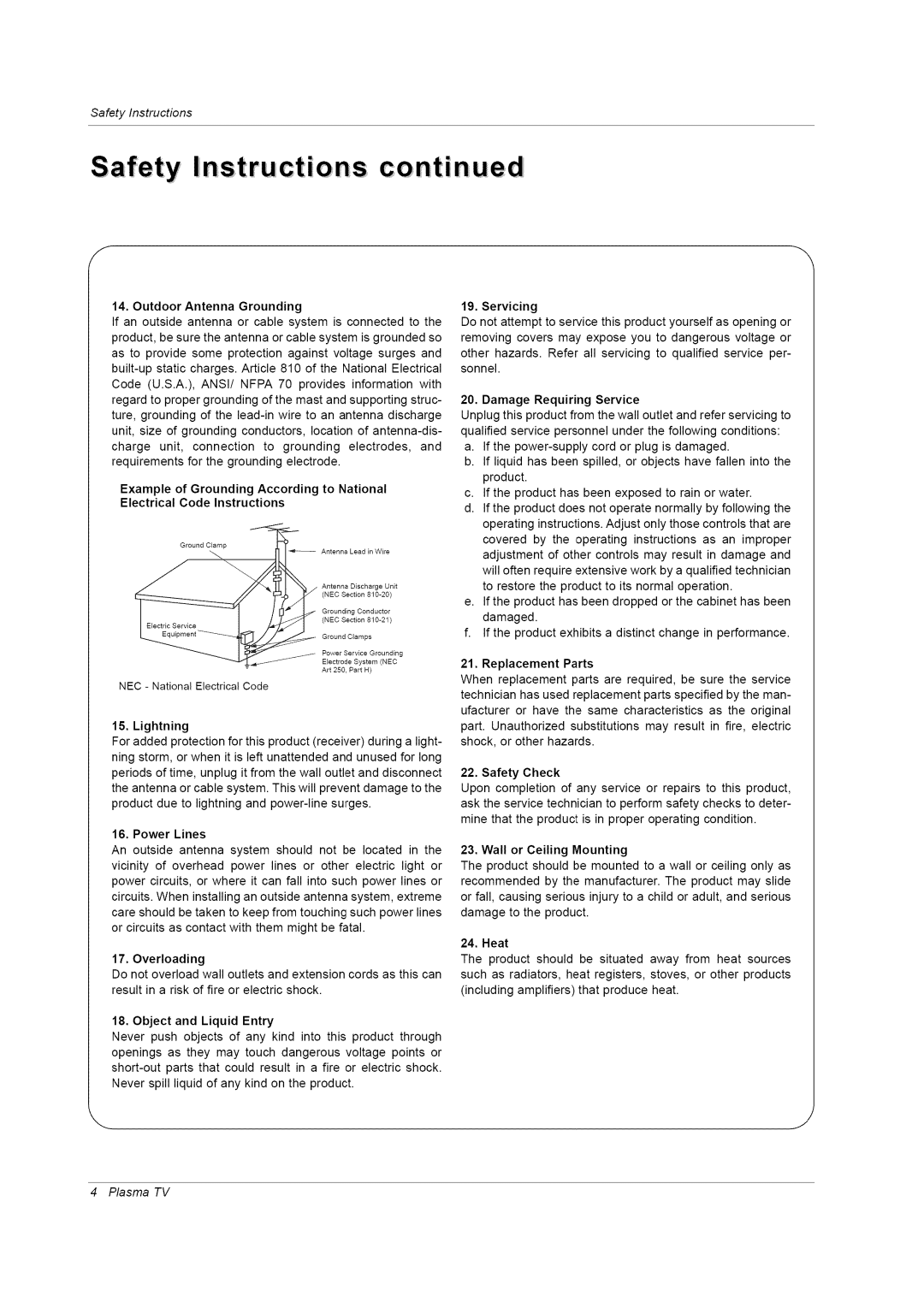 LG Electronics RU-42PZ61/71 manual Instructions, Outdoor Antenna Grounding 