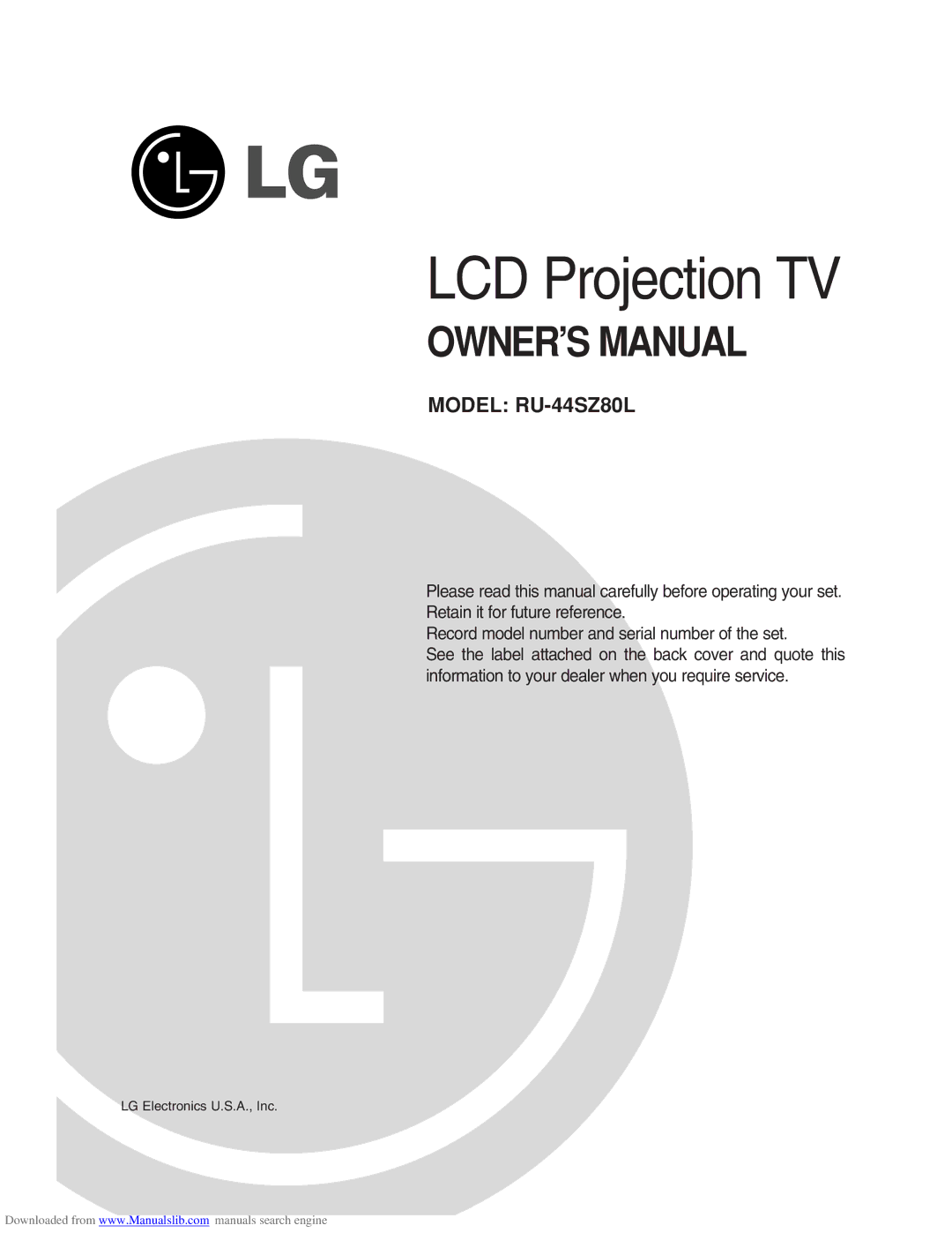 LG Electronics ru-44sz80l owner manual LCD Projection TV 