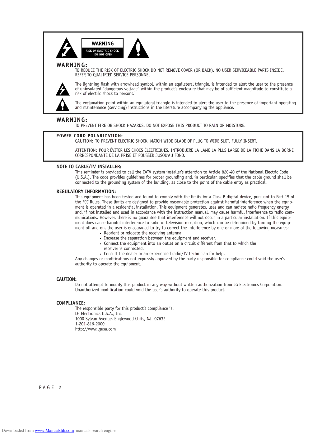 LG Electronics ru-44sz80l owner manual Regulatory Information, Power Cord Polarization 