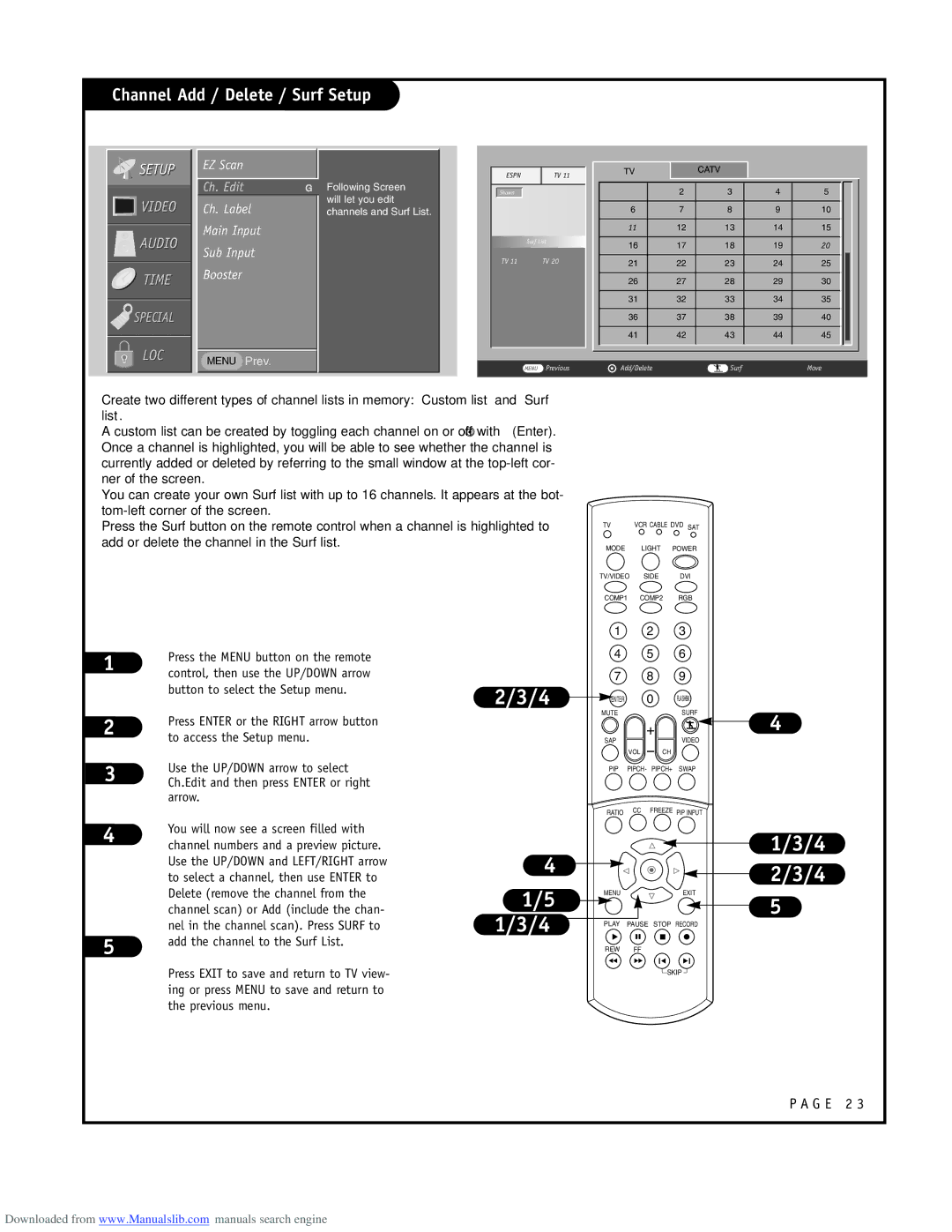 LG Electronics ru-44sz80l owner manual Channel Add / Delete / Surf Setup, EZ Scan, Ch. Label Main Input Sub Input Booster 