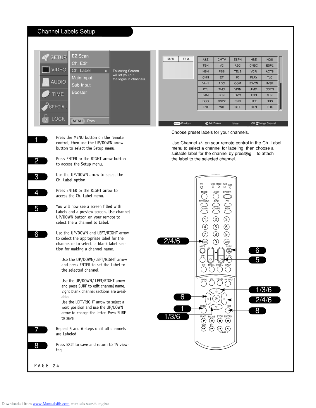 LG Electronics ru-44sz80l owner manual Channel Labels Setup, Ch. Edit, Main Input Sub Input Booster 