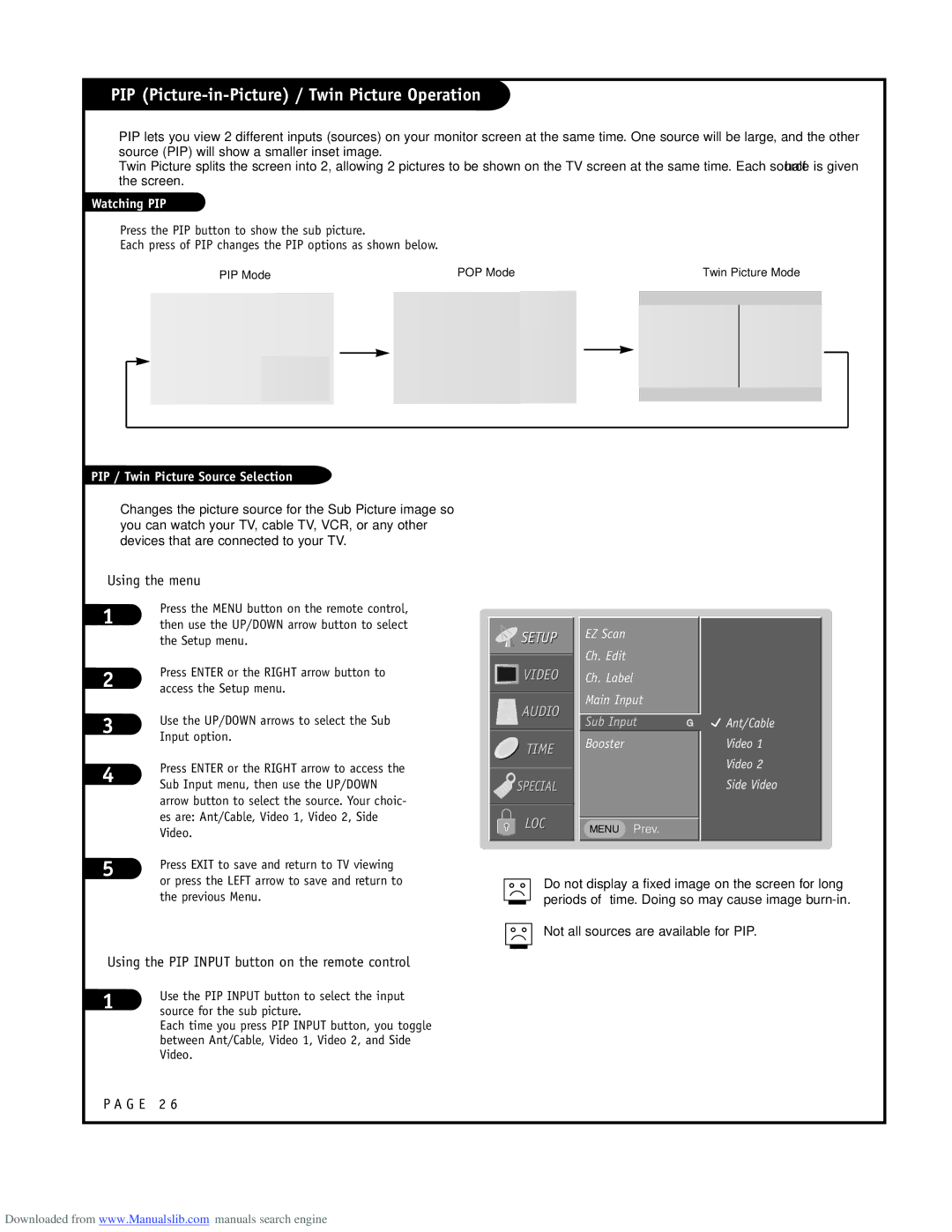 LG Electronics ru-44sz80l PIP Picture-in-Picture / Twin Picture Operation, EZ Scan Ch. Edit Ch. Label Main Input 