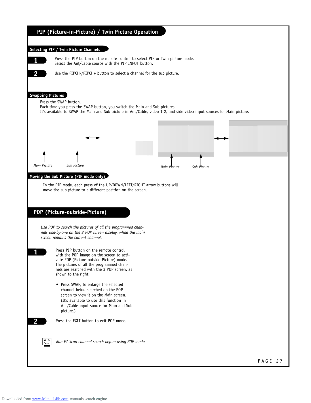 LG Electronics ru-44sz80l owner manual POP Picture-outside-Picture, Selecting PIP / Twin Picture Channels 